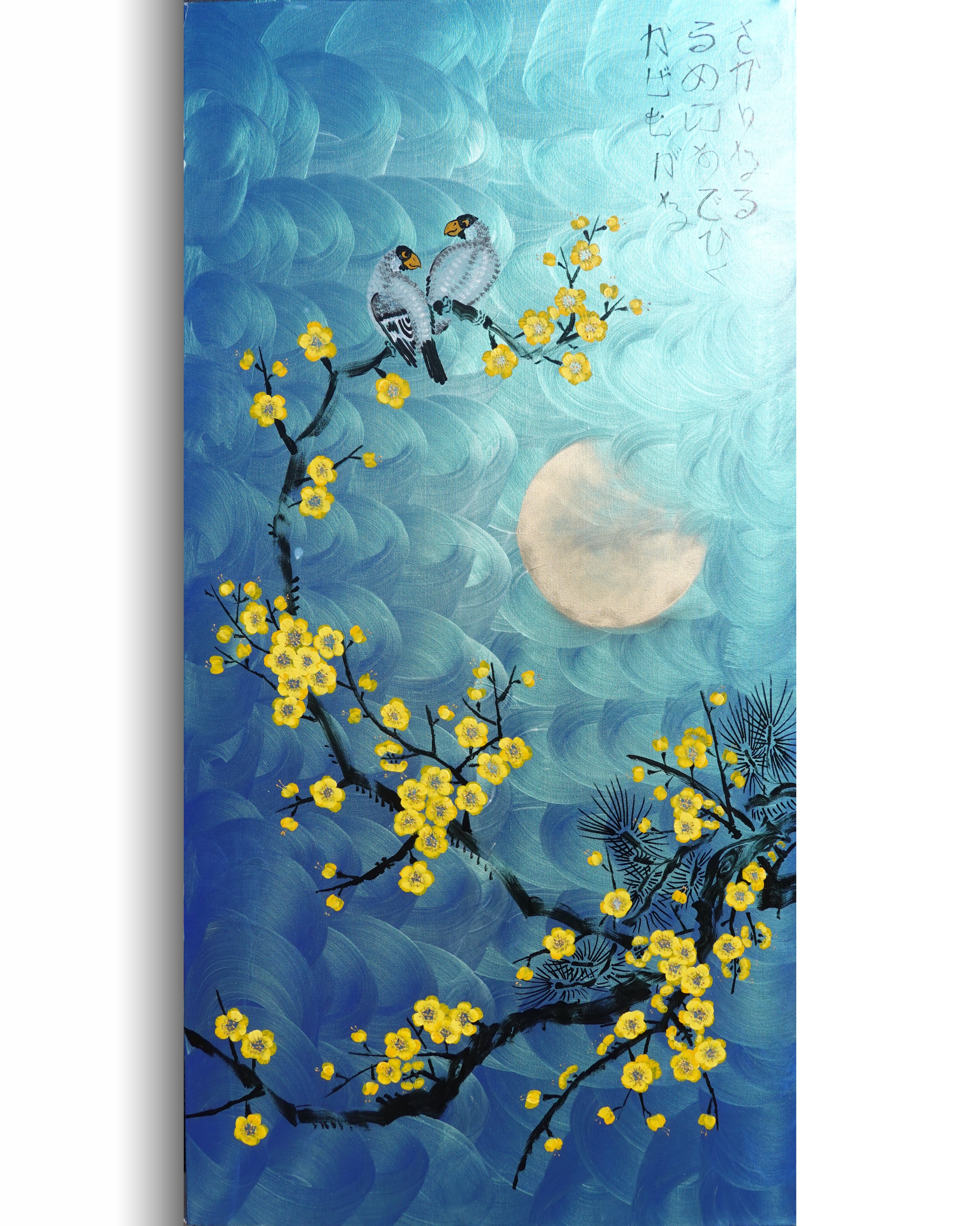 Love Birds and yellow Sakura J468 is a large Japanese blue pearlescent vertical Original Acrylic Painting on unstretched canvas by artist Ksavera