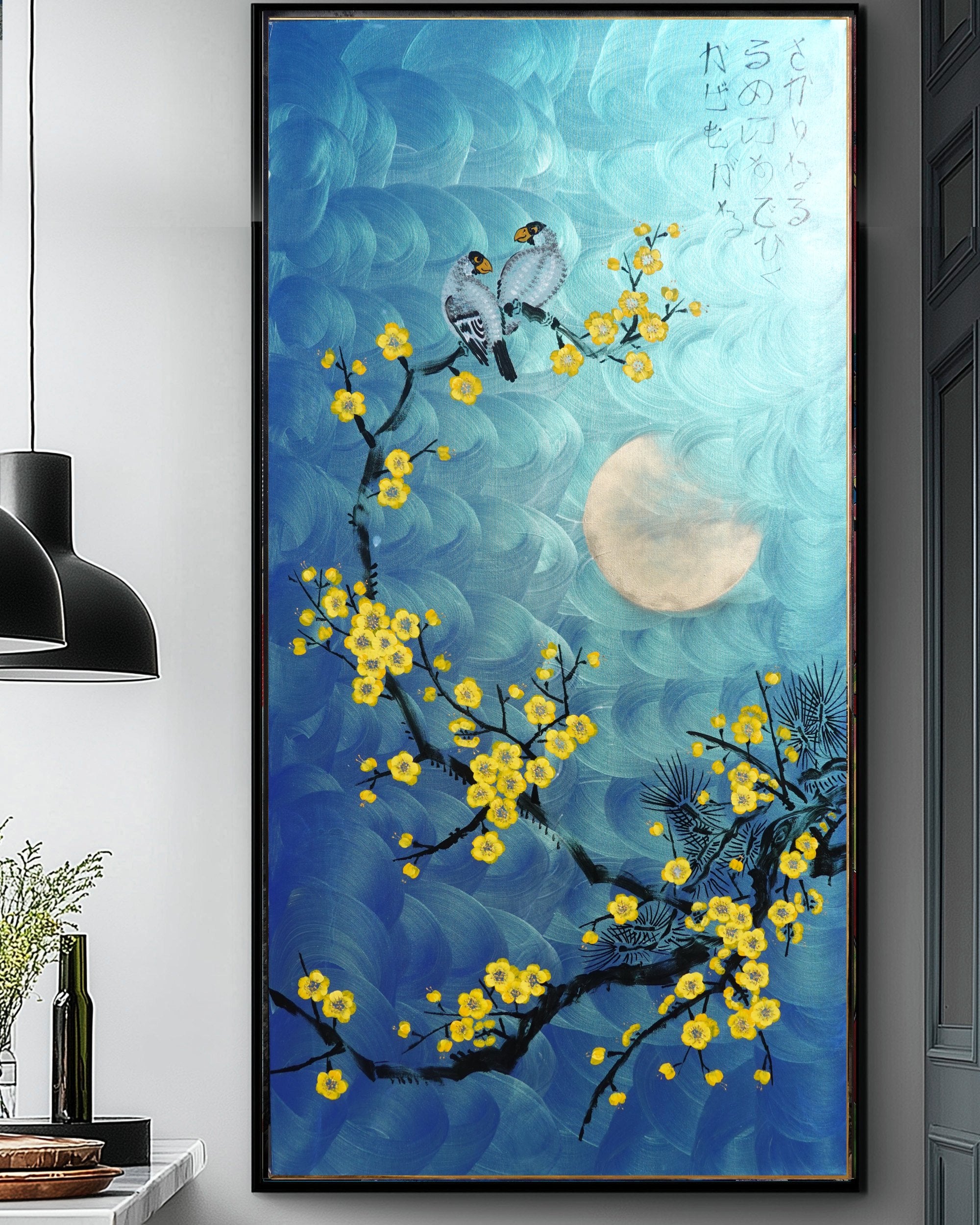 Love Birds and yellow Sakura J468 is a large Japanese blue pearlescent vertical Original Acrylic Painting on unstretched canvas by artist Ksavera