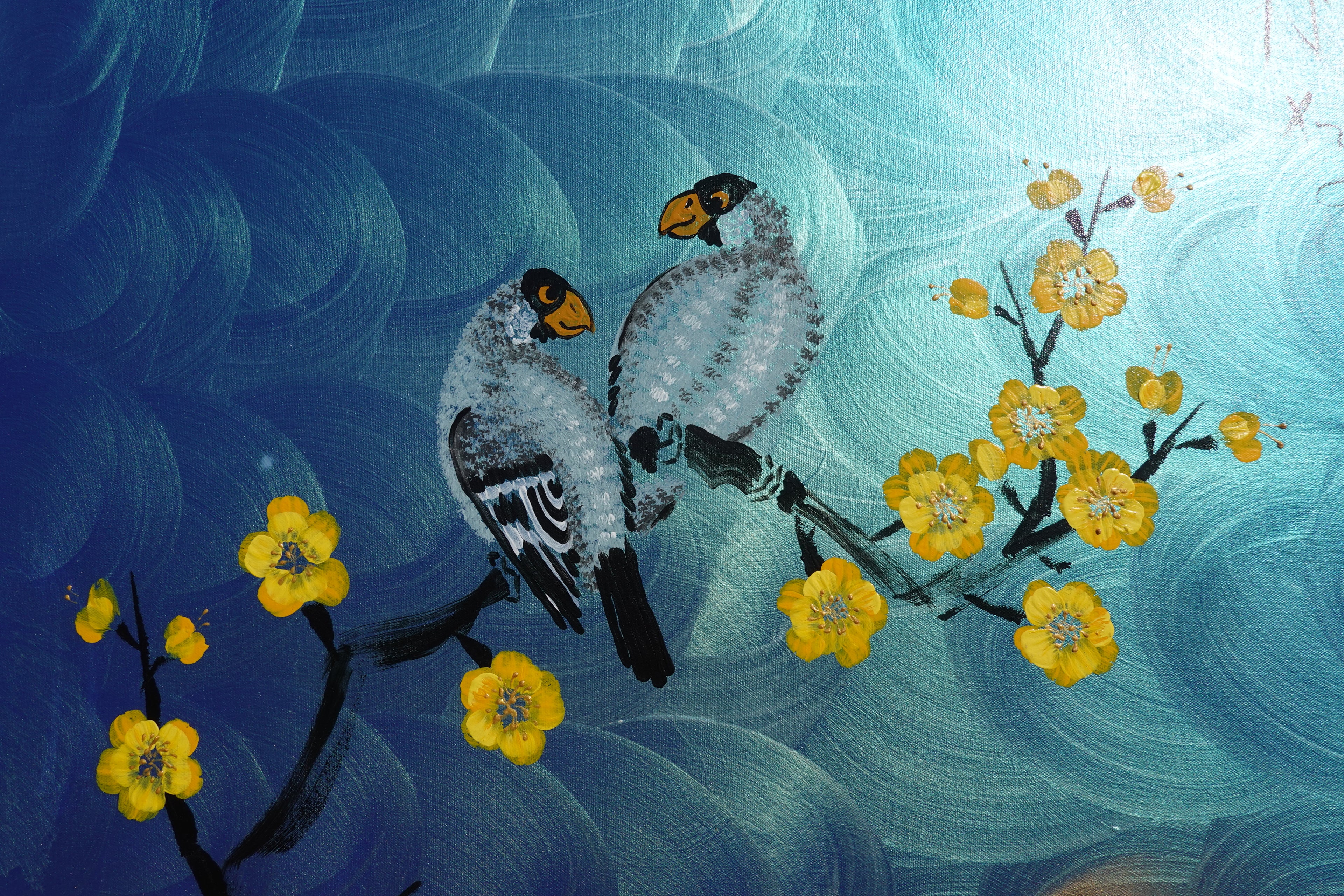 Love Birds and yellow Sakura J468 is a large Japanese blue pearlescent vertical Original Acrylic Painting on unstretched canvas by artist Ksavera