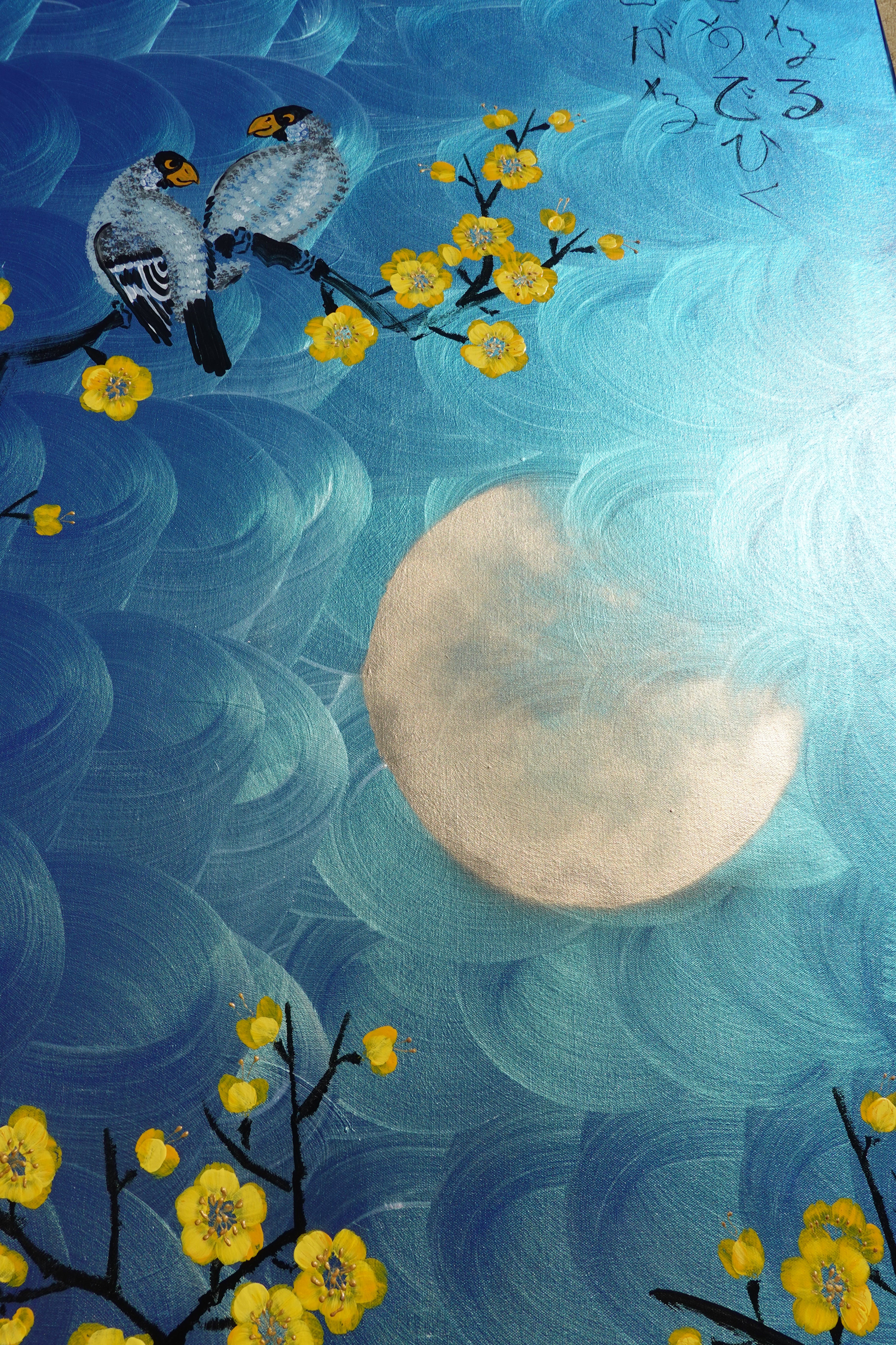 Love Birds and yellow Sakura J468 is a large Japanese blue pearlescent vertical Original Acrylic Painting on unstretched canvas by artist Ksavera