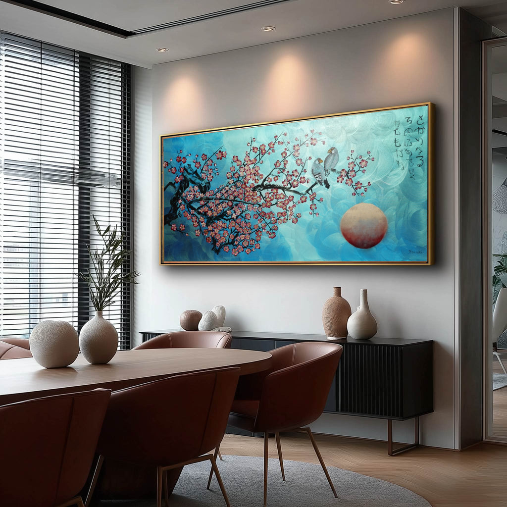 Liebesvögel und Sakura J471 — Perlglanz-Türkis | Japanisches Gemälde | Großes Acrylbild auf Leinwand | Ksavera