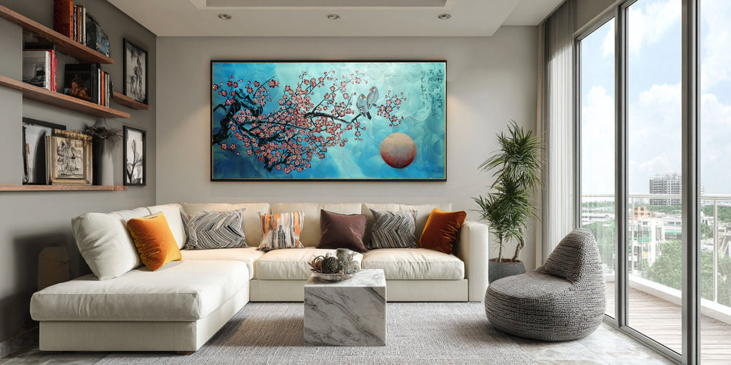 Liebesvögel und Sakura J471 — Perlglanz-Türkis | Japanisches Gemälde | Großes Acrylbild auf Leinwand | Ksavera