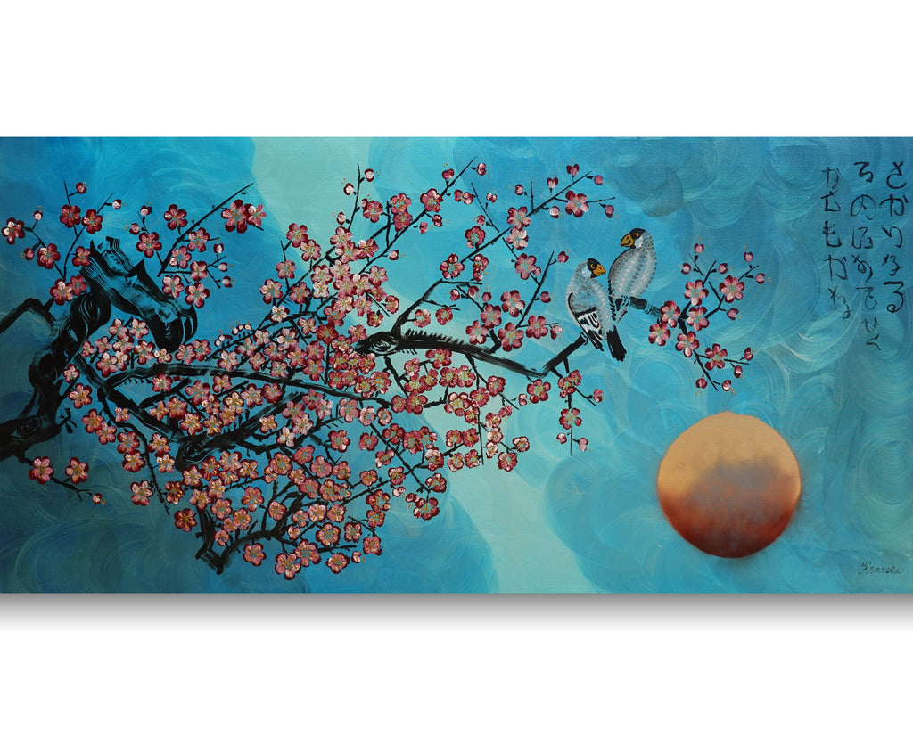 Liebesvögel und Sakura J471 — Perlglanz-Türkis | Japanisches Gemälde | Großes Acrylbild auf Leinwand | Ksavera
