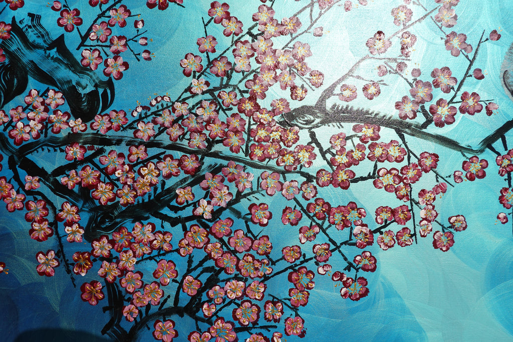 Liebesvögel und Sakura J471 — Perlglanz-Türkis | Japanisches Gemälde | Großes Acrylbild auf Leinwand | Ksavera