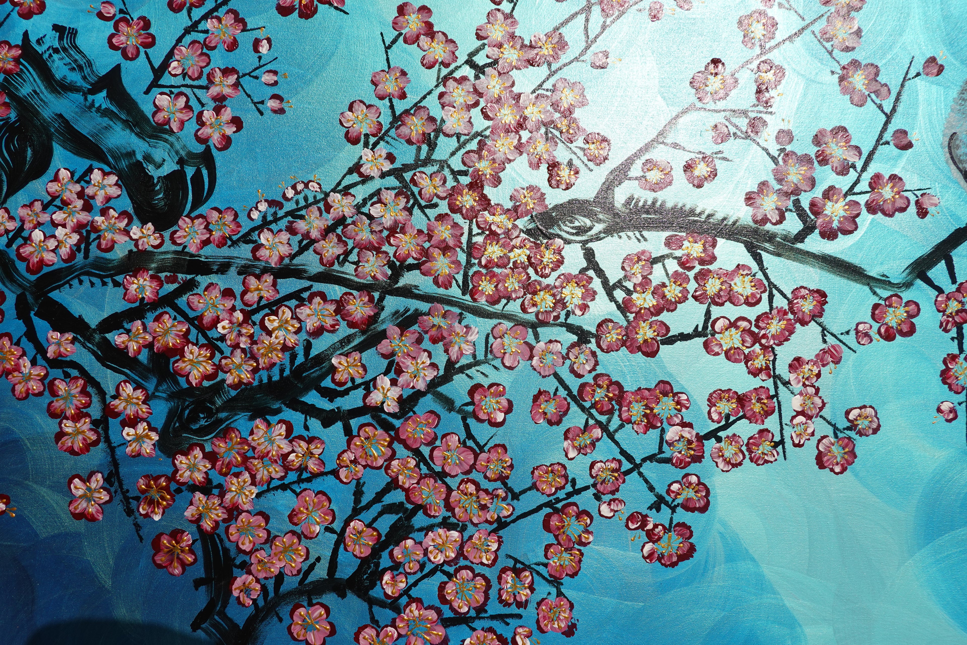 Liebesvögel und Sakura J471 — Perlglanz-Türkis | Japanisches Gemälde | Großes Acrylbild auf Leinwand | Ksavera