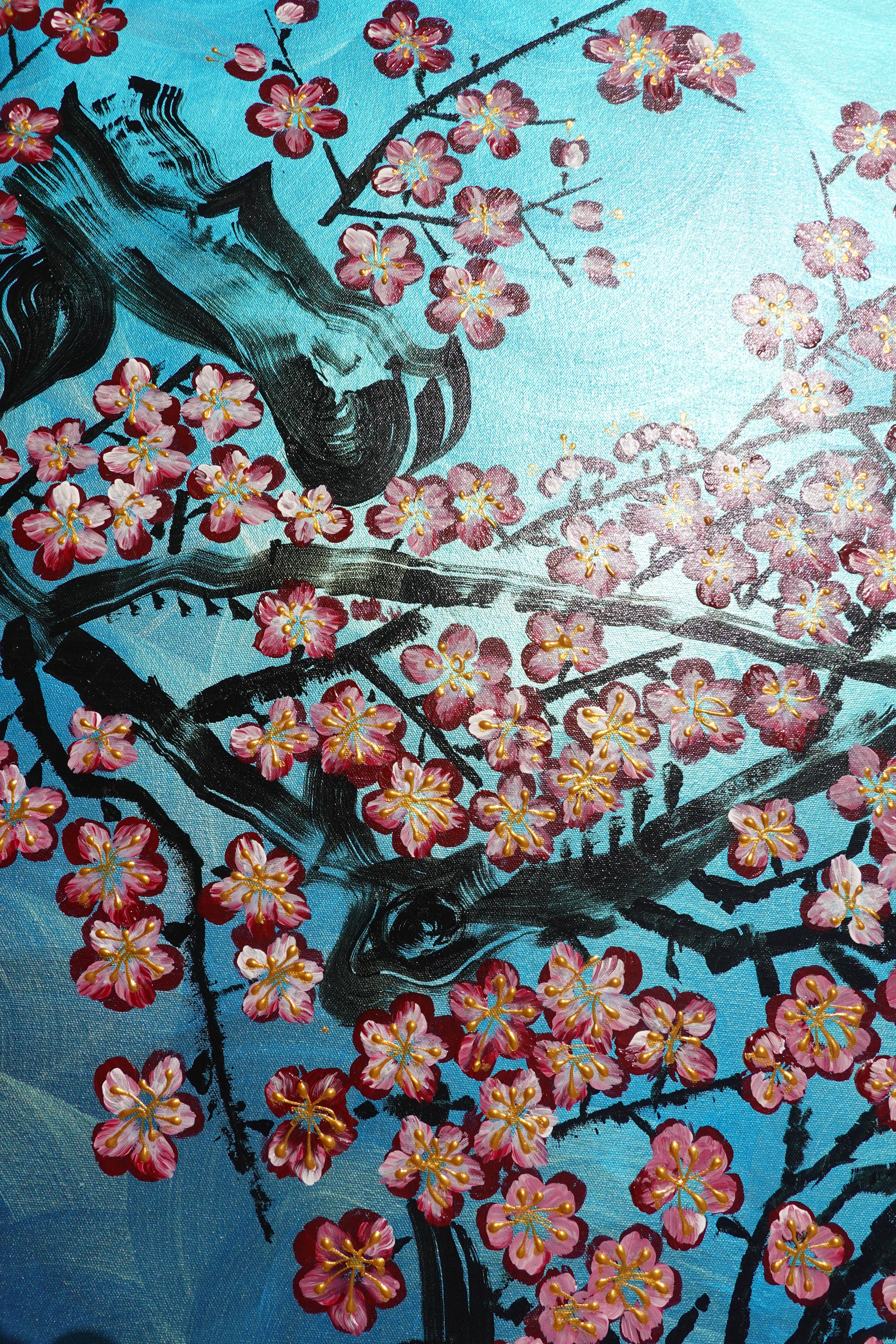 Liebesvögel und Sakura J471 — Perlglanz-Türkis | Japanisches Gemälde | Großes Acrylbild auf Leinwand | Ksavera