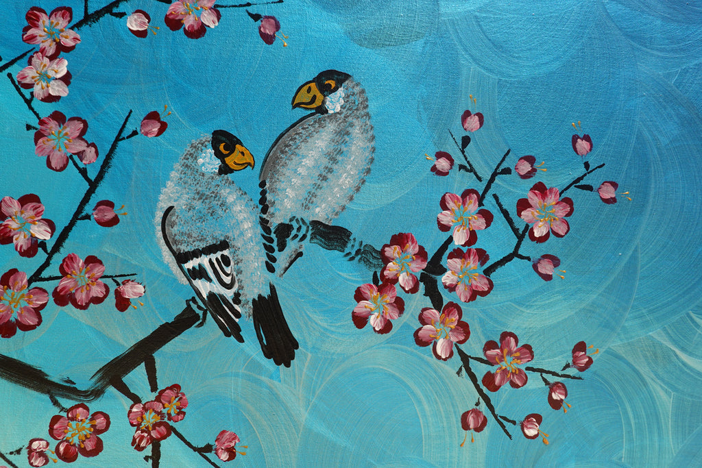 Liebesvögel und Sakura J471 — Perlglanz-Türkis | Japanisches Gemälde | Großes Acrylbild auf Leinwand | Ksavera