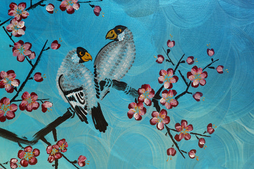 Love Birds and Sakura J471 — pearlescent teal | Japanese Painting | Large Acrylic on Canvas | Ksavera