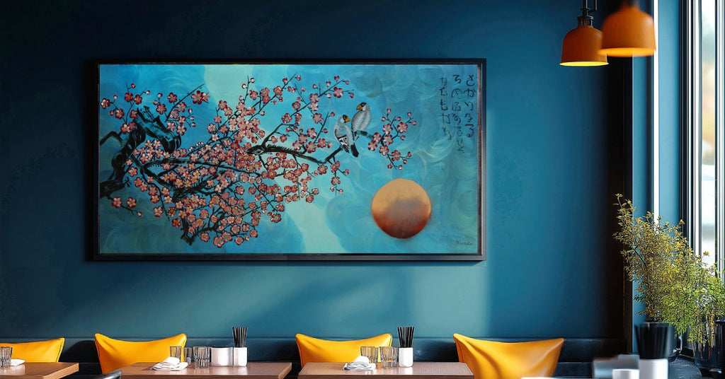 Liebesvögel und Sakura J471 — Perlglanz-Türkis | Japanisches Gemälde | Großes Acrylbild auf Leinwand | Ksavera
