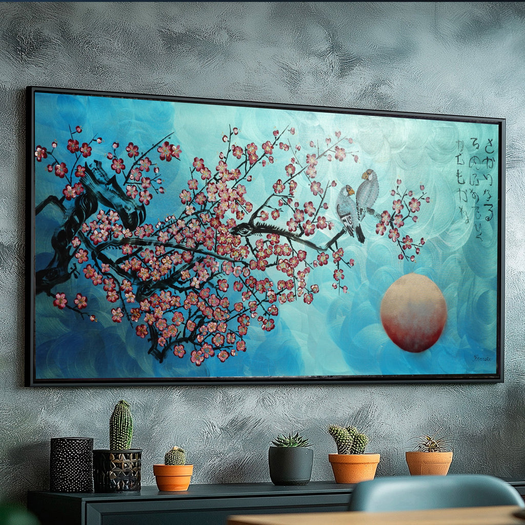 Liebesvögel und Sakura J471 — Perlglanz-Türkis | Japanisches Gemälde | Großes Acrylbild auf Leinwand | Ksavera