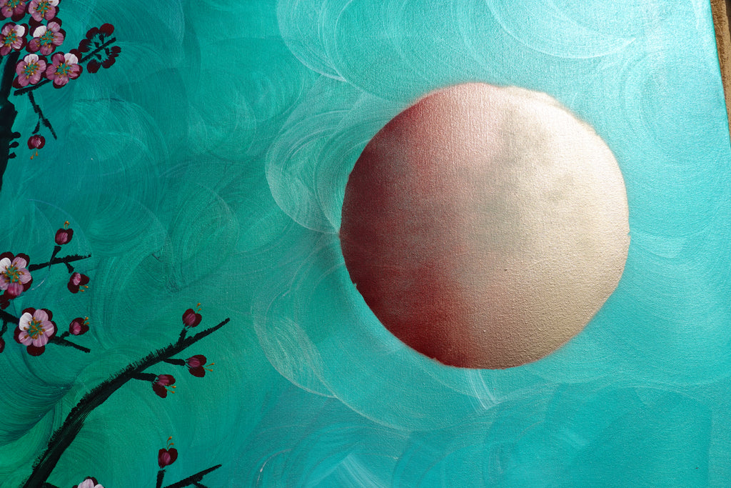 Bird and Sakura J473 is a large-scale Japanese-inspired emerald pearlescent horizontal Original Acrylic Painting on unstretched canvas by artist Ksavera.