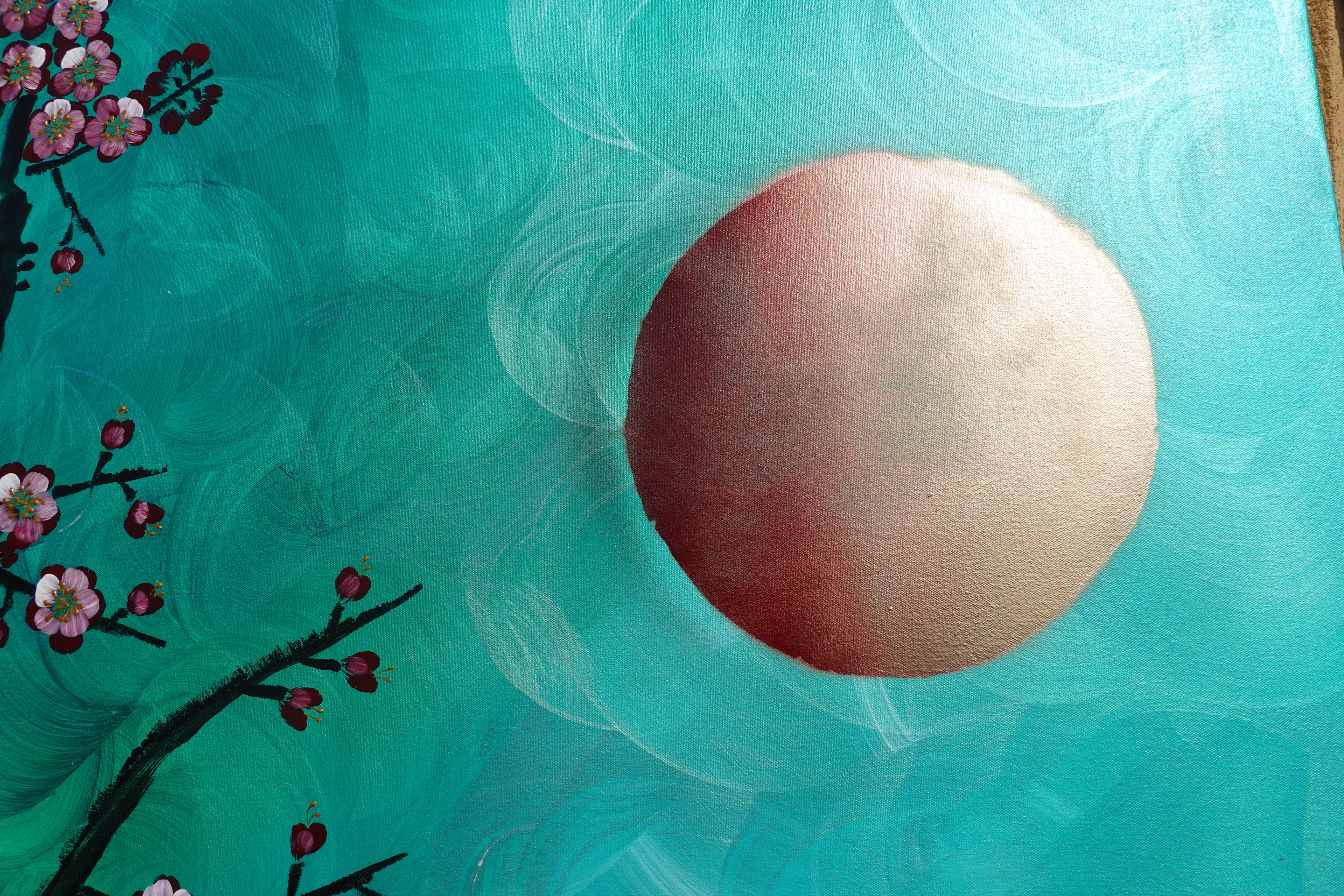 Bird and Sakura J473 is a large-scale Japanese-inspired emerald pearlescent horizontal Original Acrylic Painting on unstretched canvas by artist Ksavera.