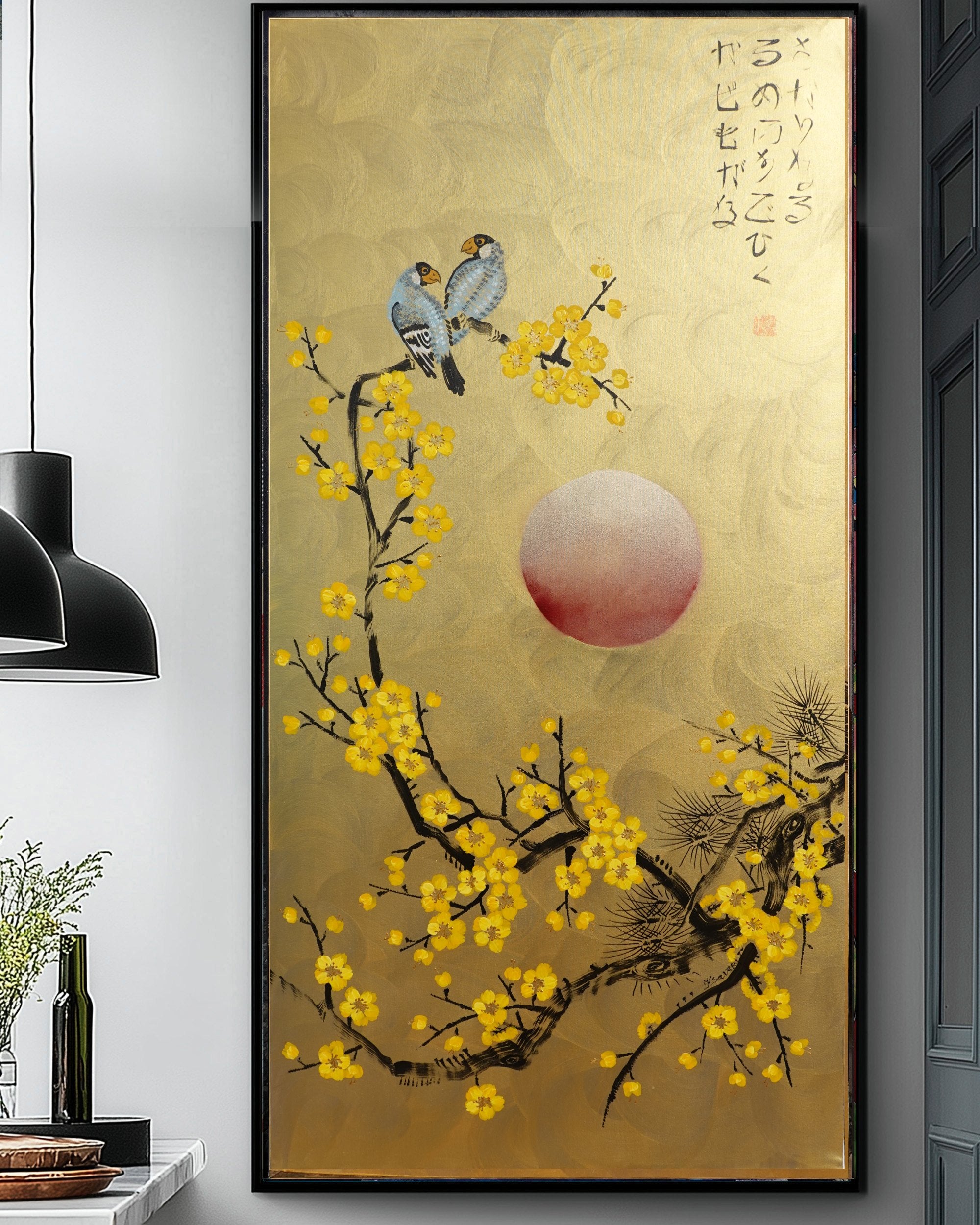 Love Birds and Sakura J474 — gold Japanese Painting | Large Acrylic on Canvas | Ksavera