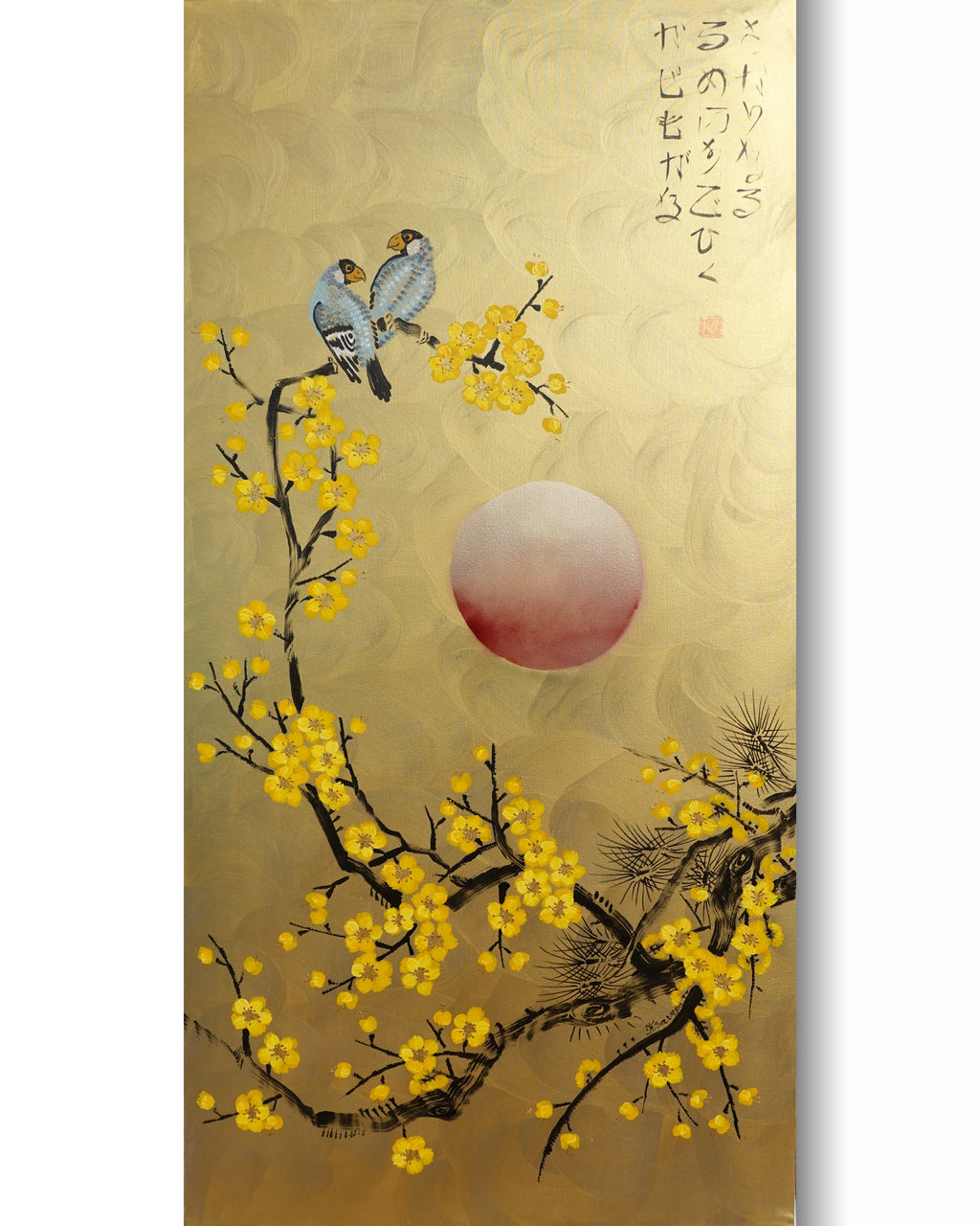Love Birds and Sakura J474 — gold Japanese Painting | Large Acrylic on Canvas | Ksavera