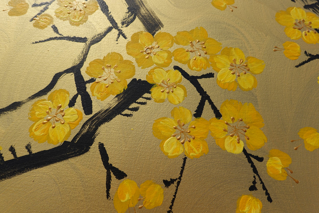 Love Birds and Sakura J474 — gold Japanese Painting | Large Acrylic on Canvas | Ksavera
