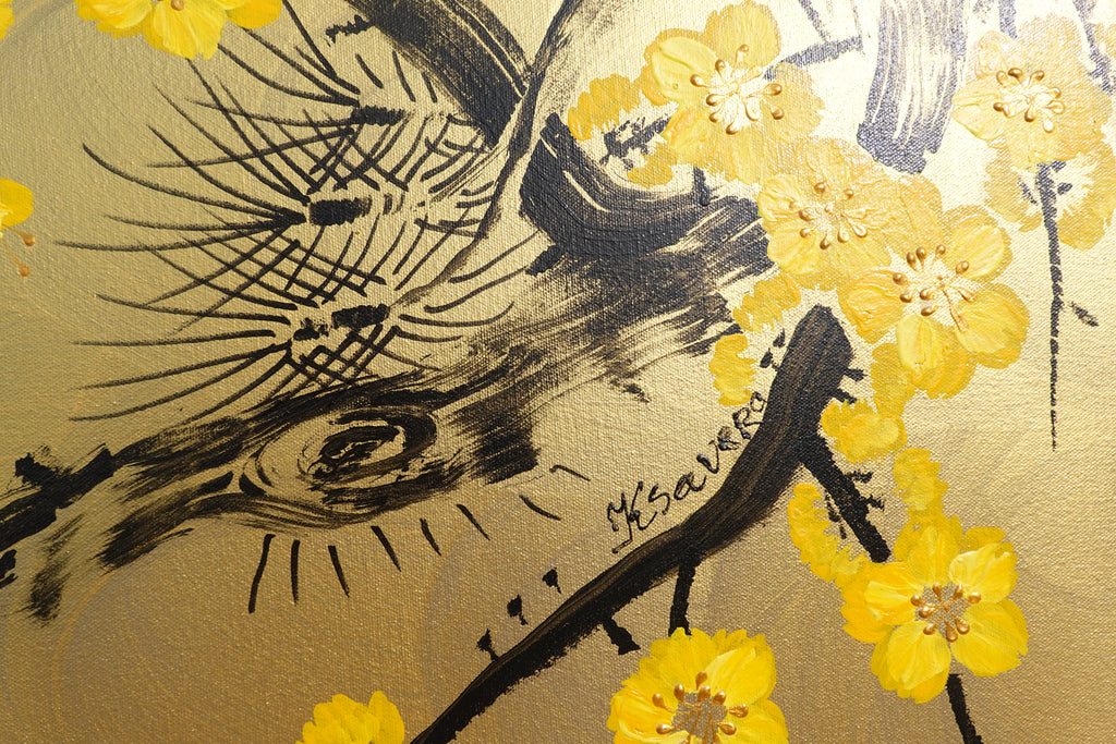 Love Birds and Sakura J474 — gold Japanese Painting | Large Acrylic on Canvas | Ksavera
