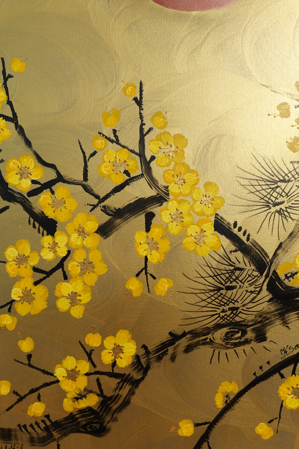 Love Birds and Sakura J474 — gold Japanese Painting | Large Acrylic on Canvas | Ksavera