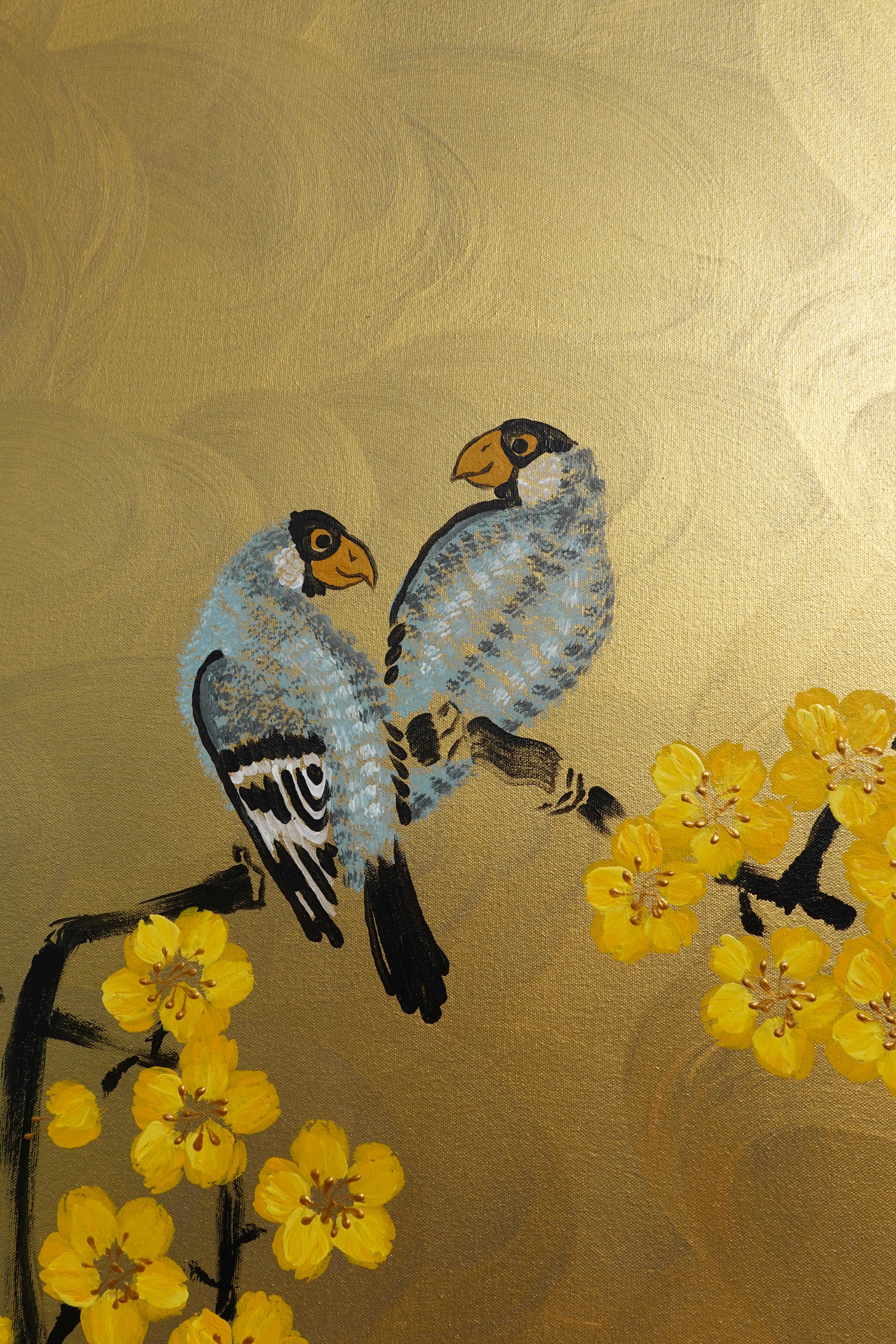 Love Birds and Sakura J474 — gold Japanese Painting | Large Acrylic on Canvas | Ksavera