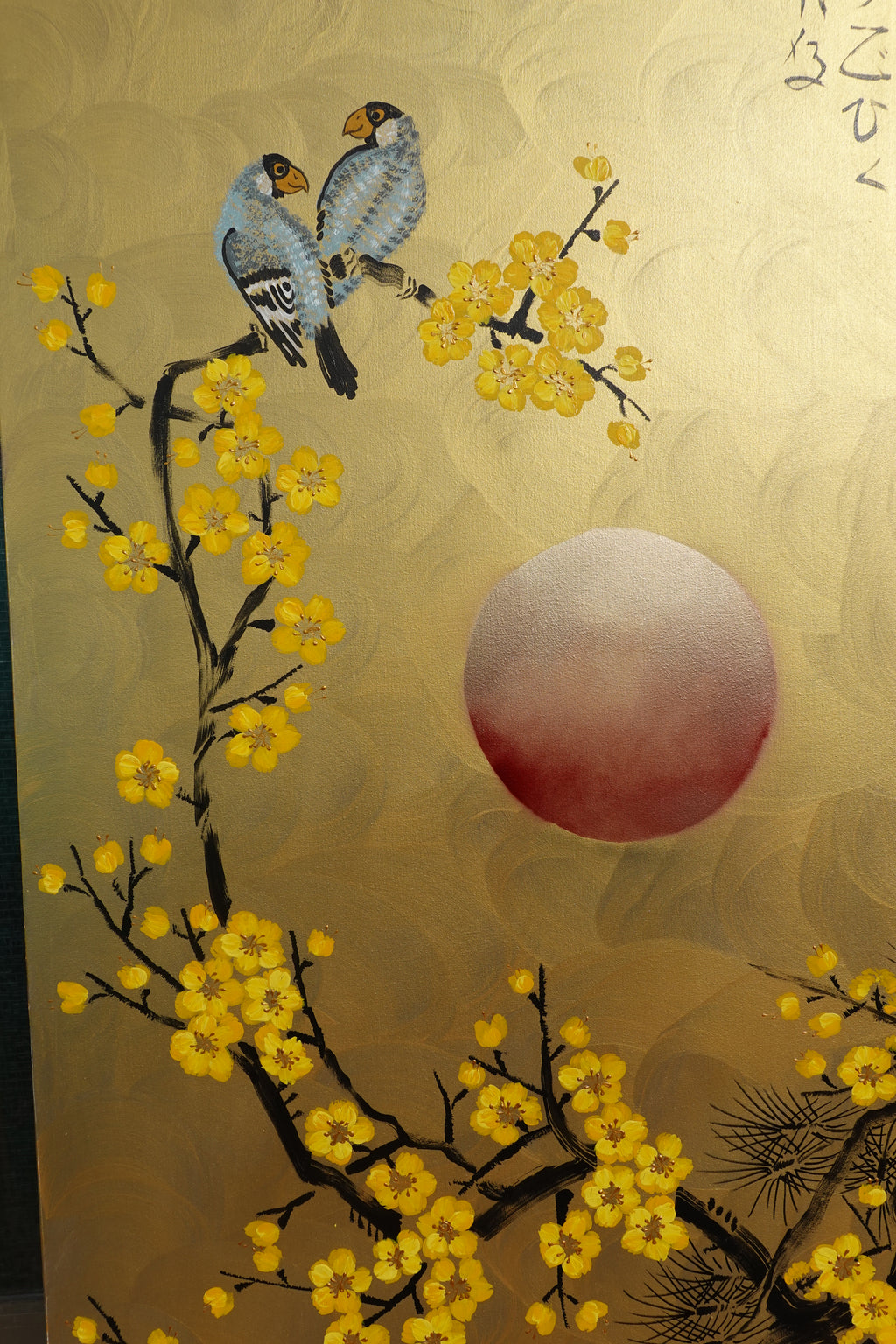 Love Birds and Sakura J474 — gold Japanese Painting | Large Acrylic on Canvas | Ksavera