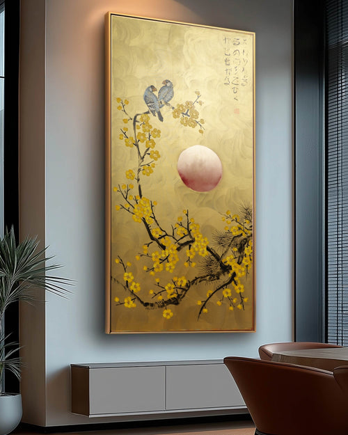 Love Birds and Sakura J474 — gold Japanese Painting | Large Acrylic on Canvas | Ksavera
