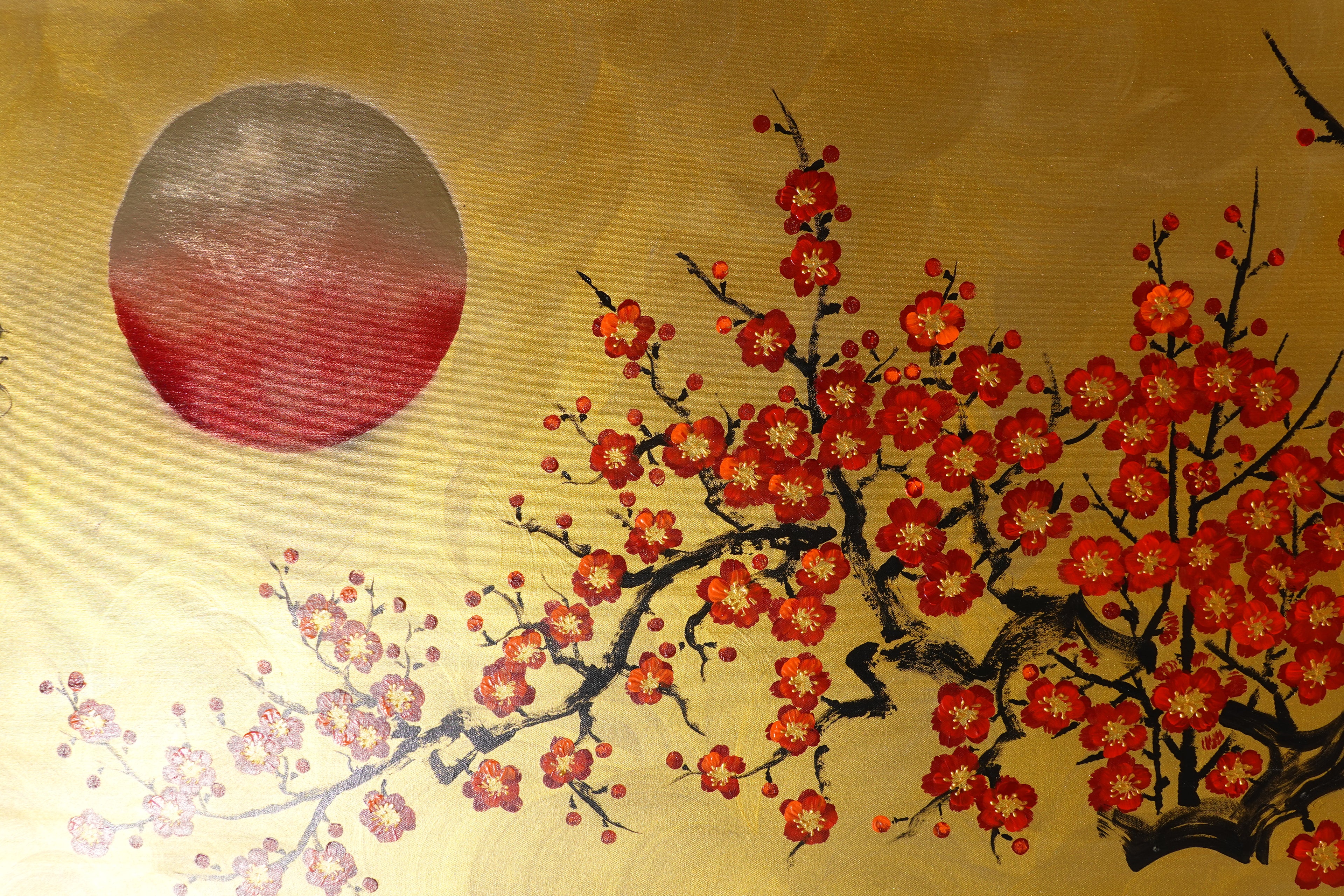 Red Sakura J475 — gold Japanese Painting | Large Acrylic on Canvas | Ksavera