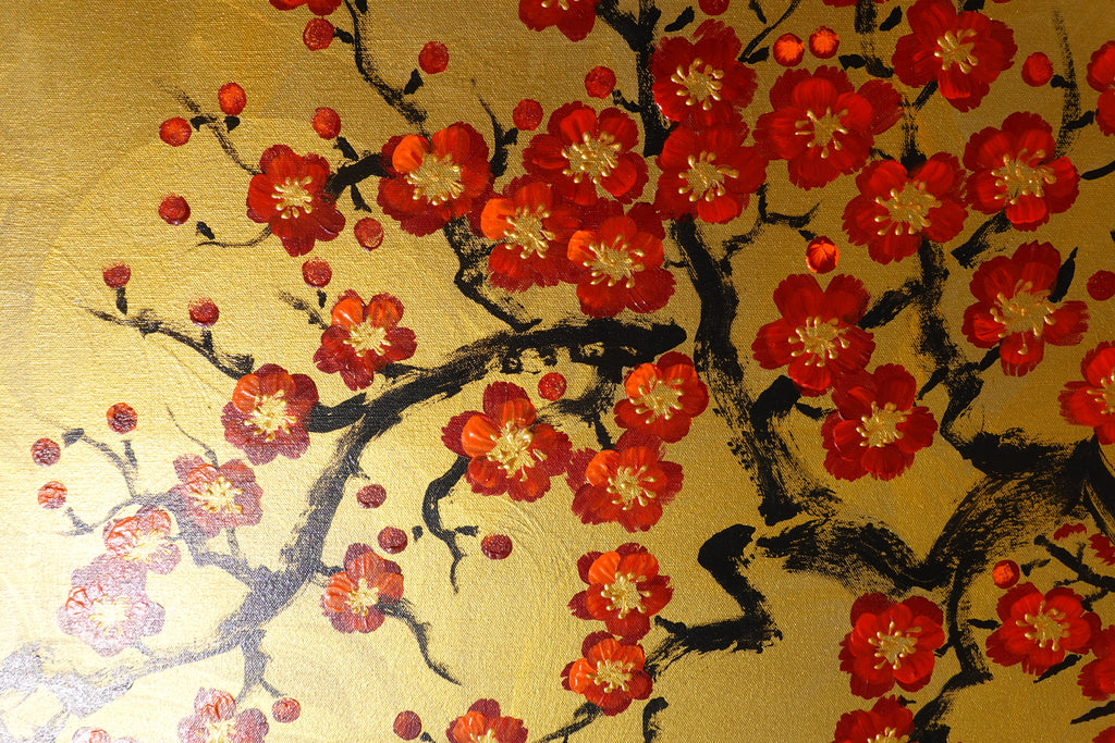 Red Sakura J475 — gold Japanese Painting | Large Acrylic on Canvas | Ksavera
