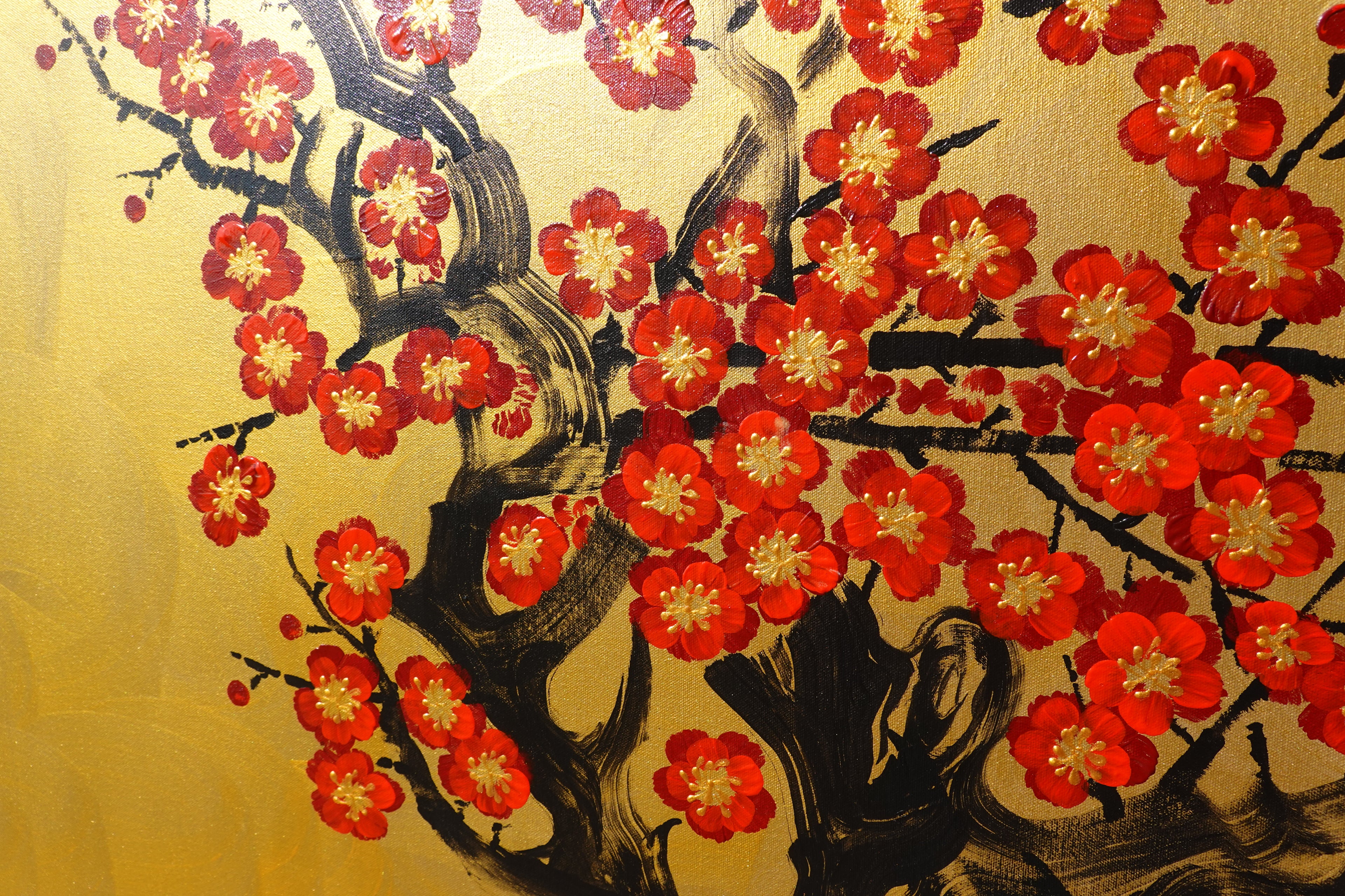 Red Sakura J475 — gold Japanese Painting | Large Acrylic on Canvas | Ksavera