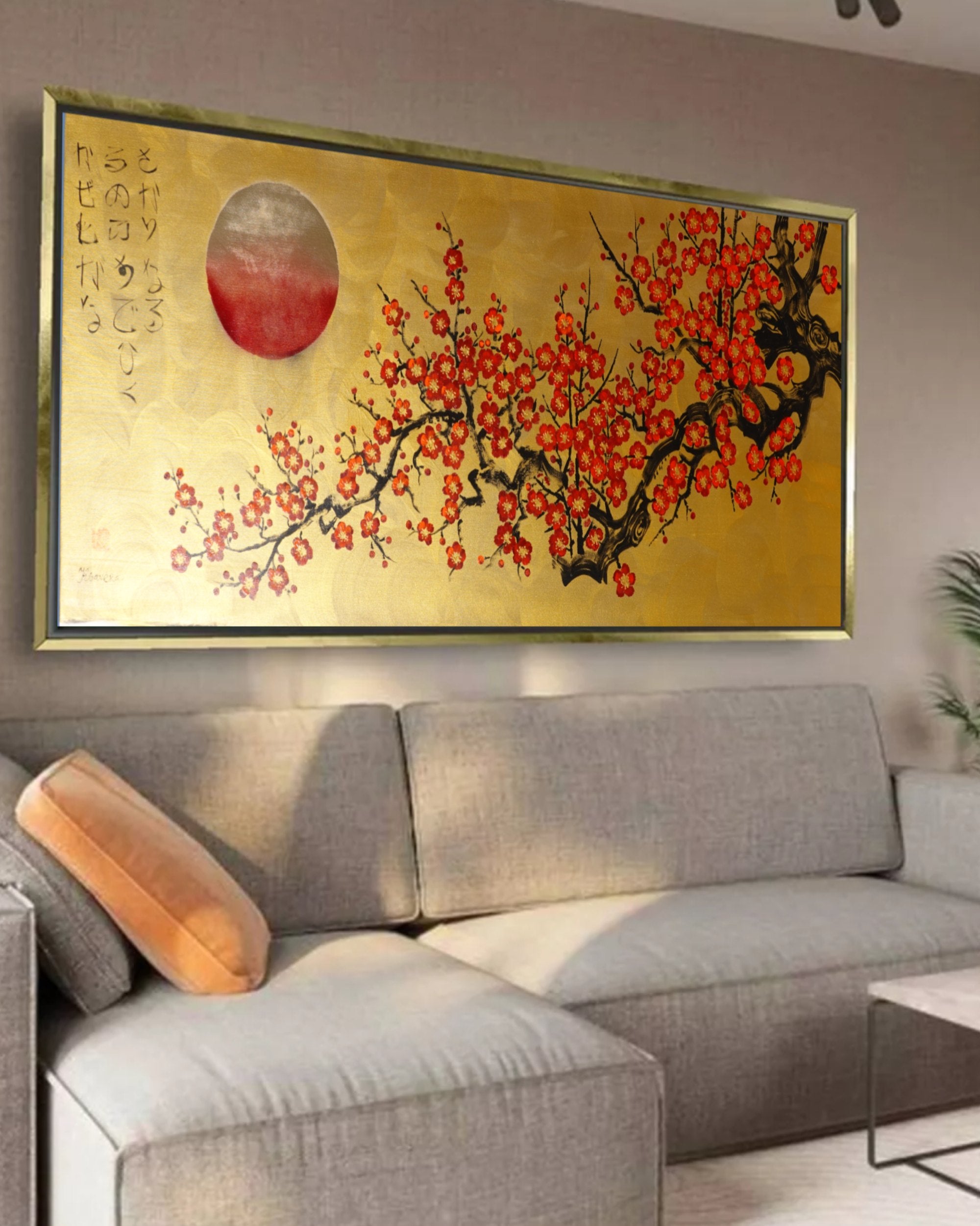 Red Sakura J475 — gold Japanese Painting | Large Acrylic on Canvas | Ksavera