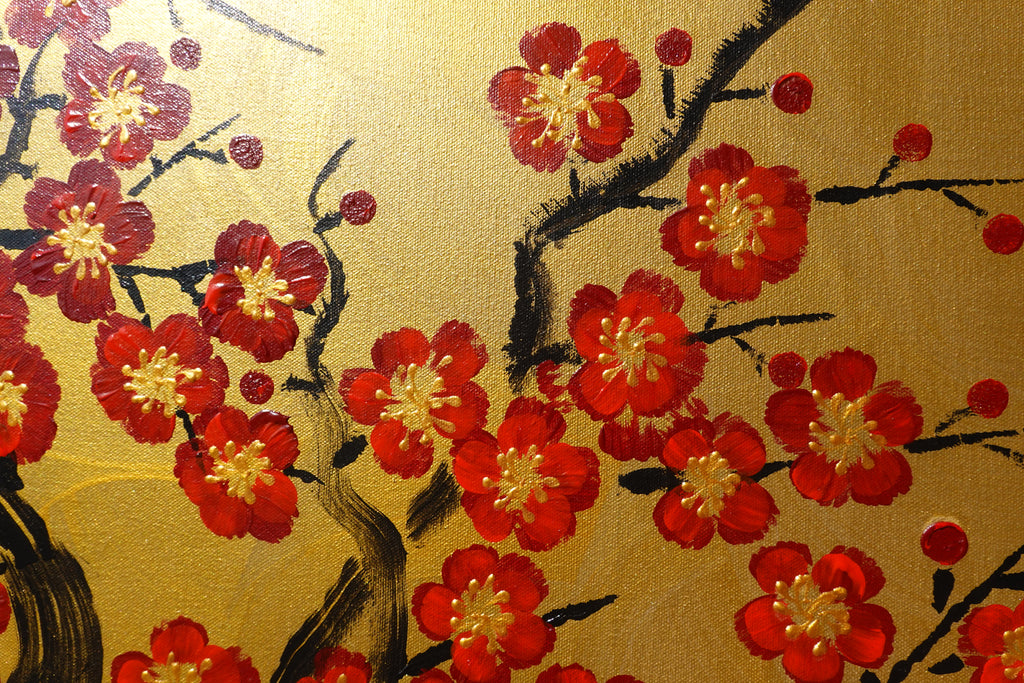Red Sakura J475 — gold Japanese Painting | Large Acrylic on Canvas | Ksavera