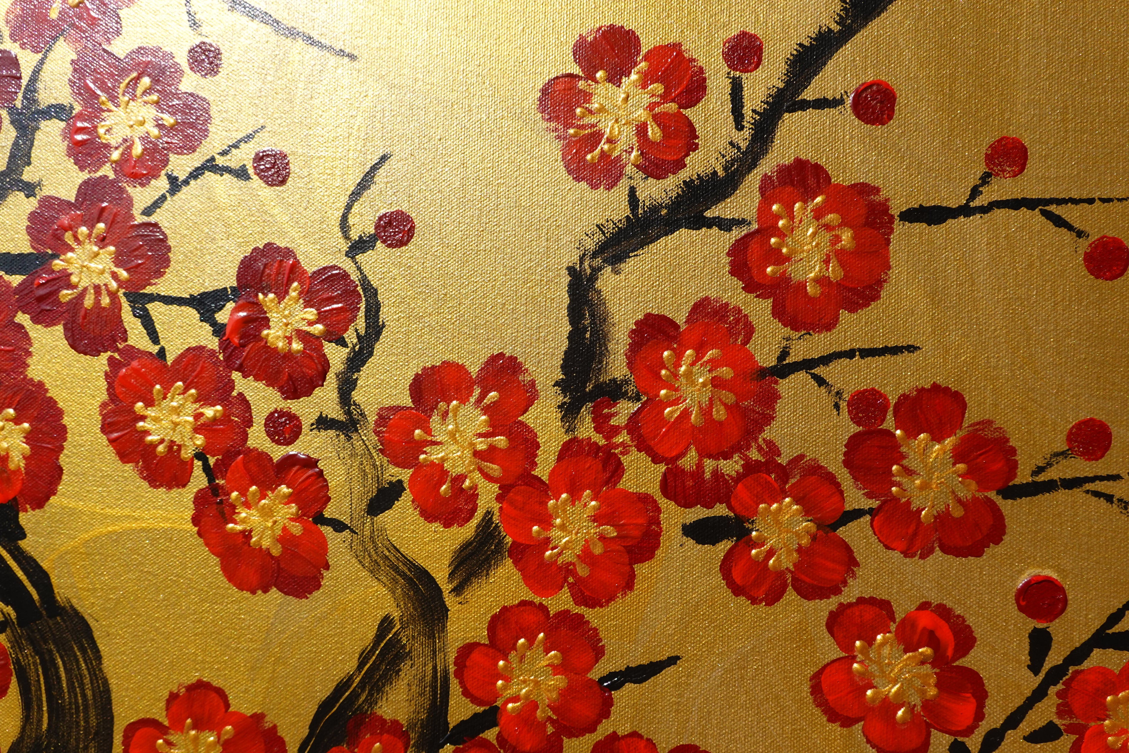 Red Sakura J475 — gold Japanese Painting | Large Acrylic on Canvas | Ksavera