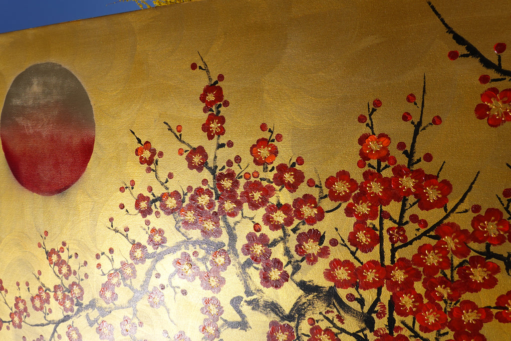 Red Sakura J475 — gold Japanese Painting | Large Acrylic on Canvas | Ksavera