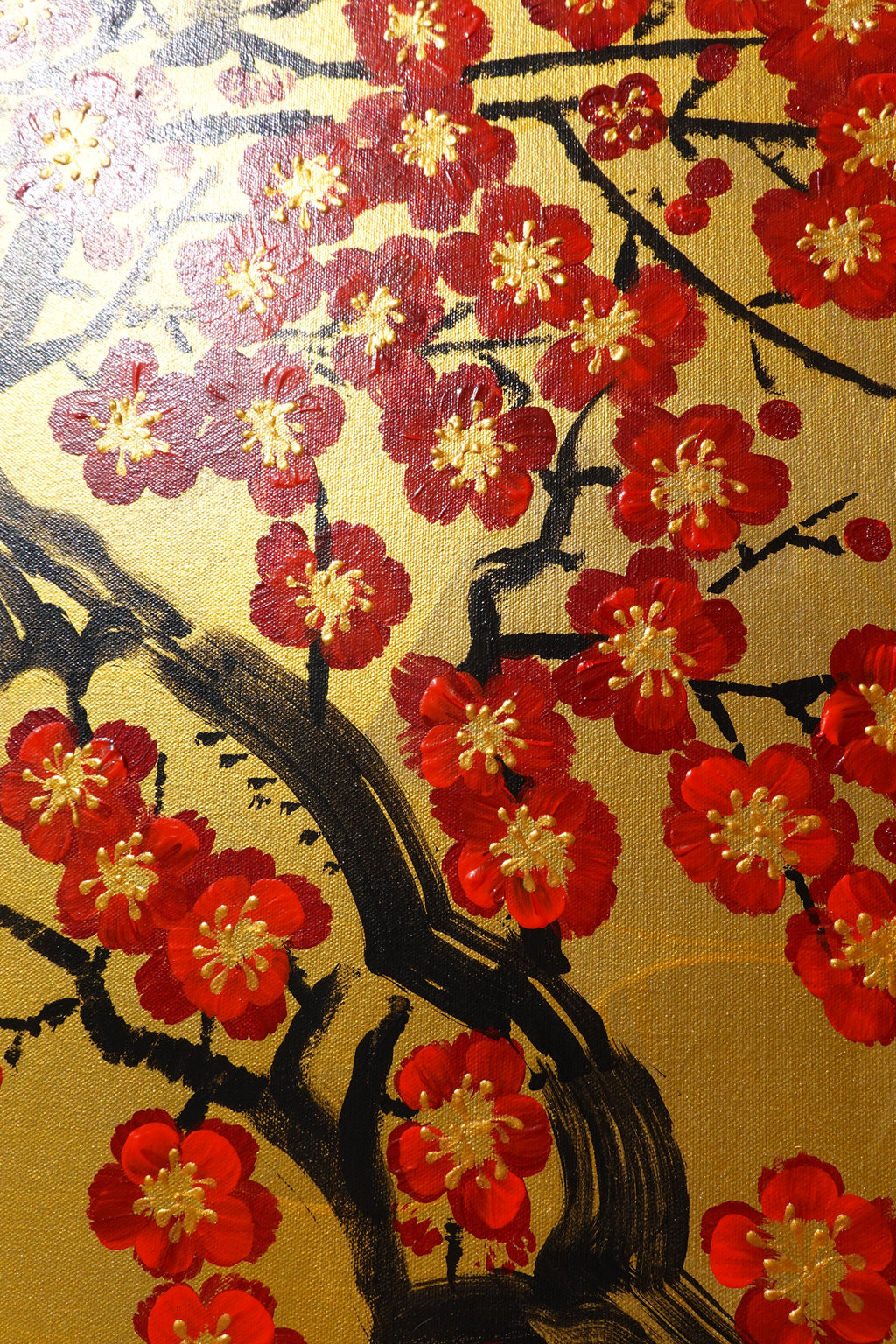 Red Sakura J475 — gold Japanese Painting | Large Acrylic on Canvas | Ksavera