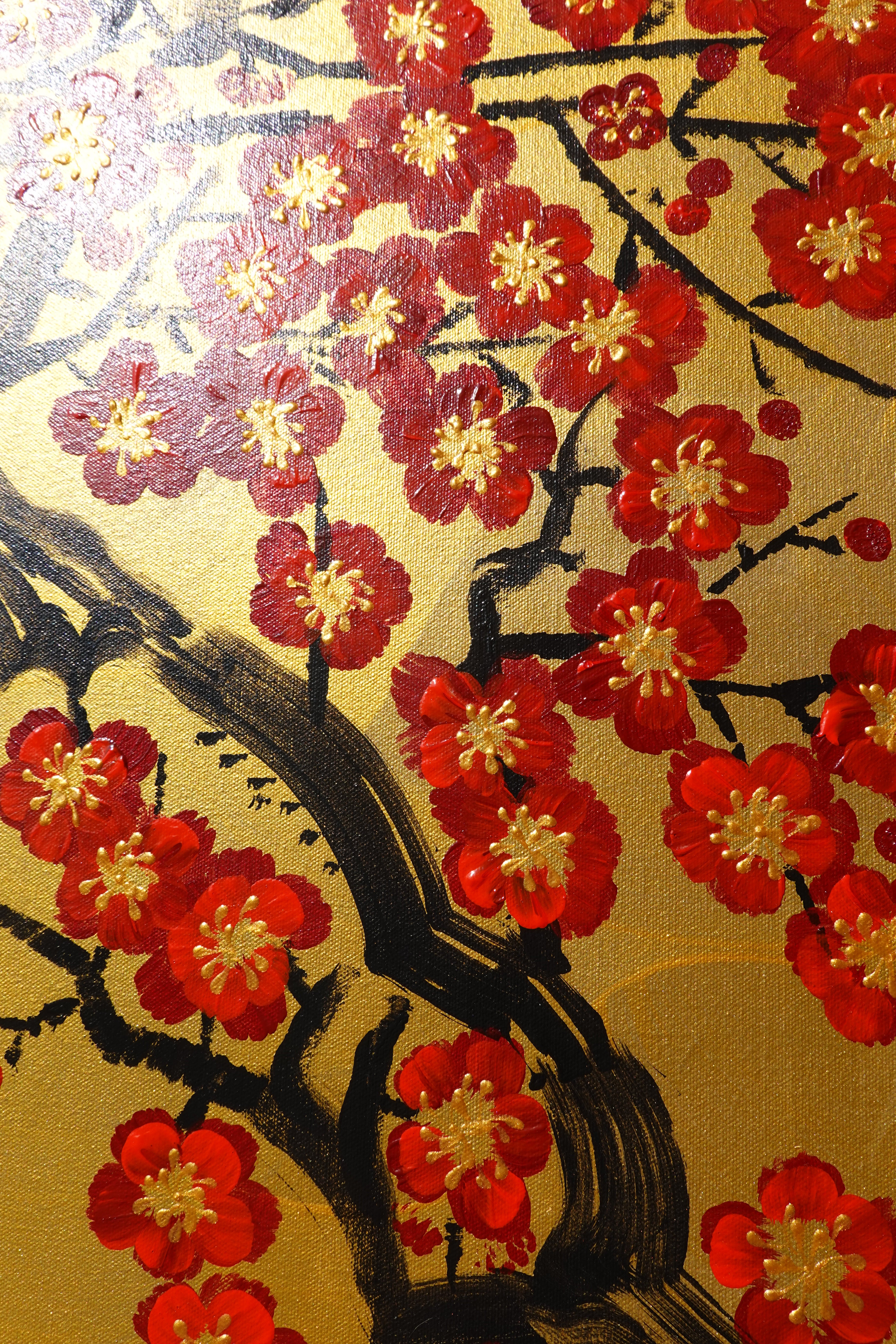 Red Sakura J475 — gold Japanese Painting | Large Acrylic on Canvas | Ksavera
