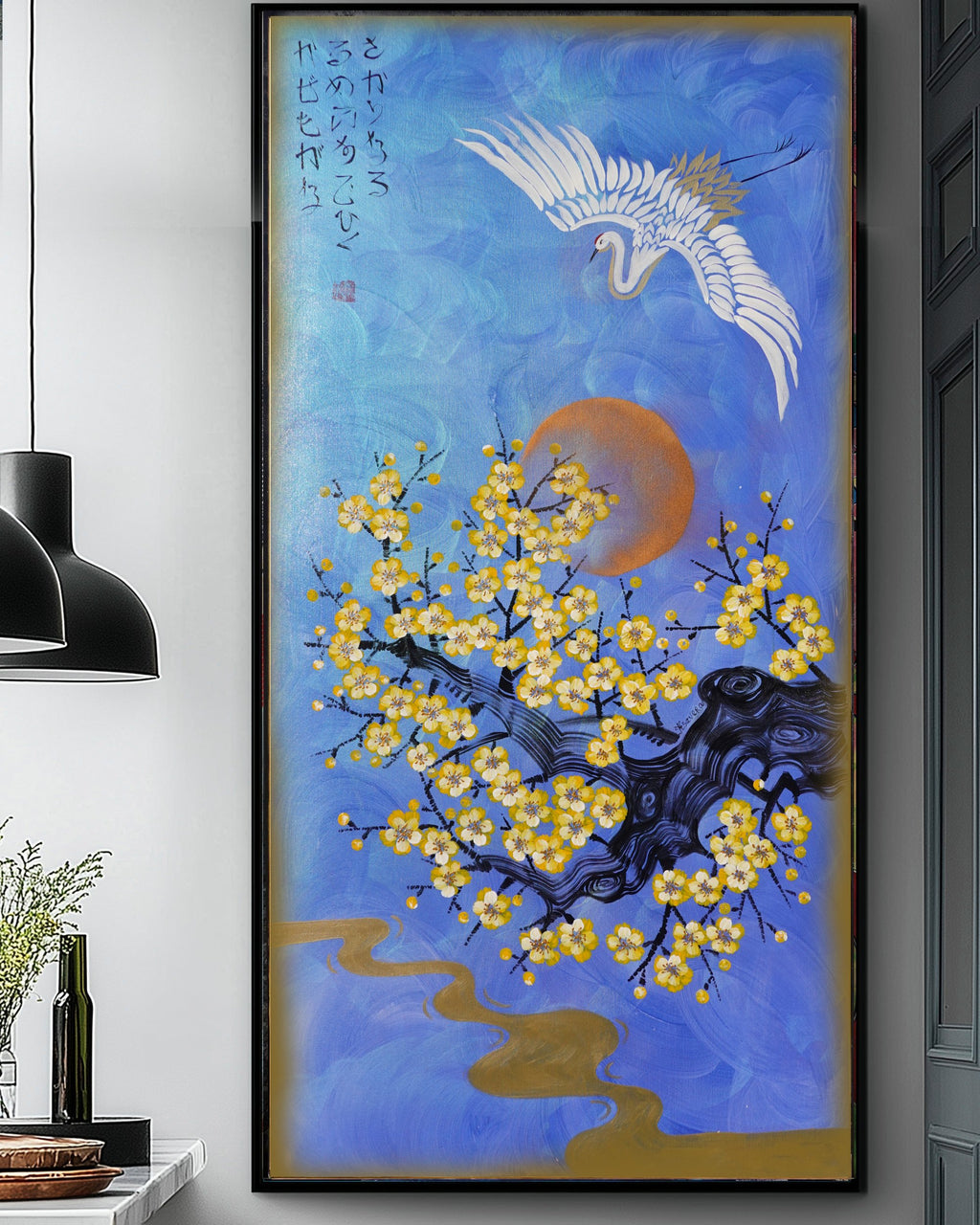 Crane and Sakura J477 is a large-scale Japanese-inspired blue pearlescent vertical Original Acrylic Painting on unstretched canvas by artist Ksavera