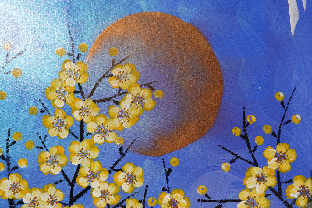 Crane and Sakura J477 is a large-scale Japanese-inspired blue pearlescent vertical Original Acrylic Painting on unstretched canvas by artist Ksavera