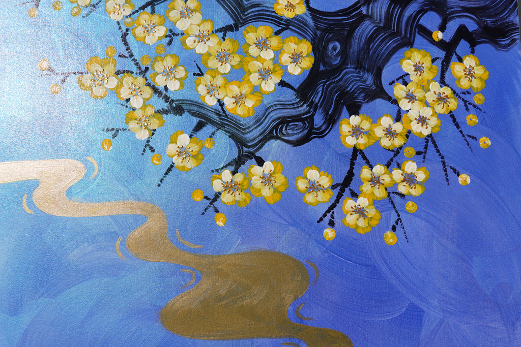 Crane and Sakura J477 is a large-scale Japanese-inspired blue pearlescent vertical Original Acrylic Painting on unstretched canvas by artist Ksavera