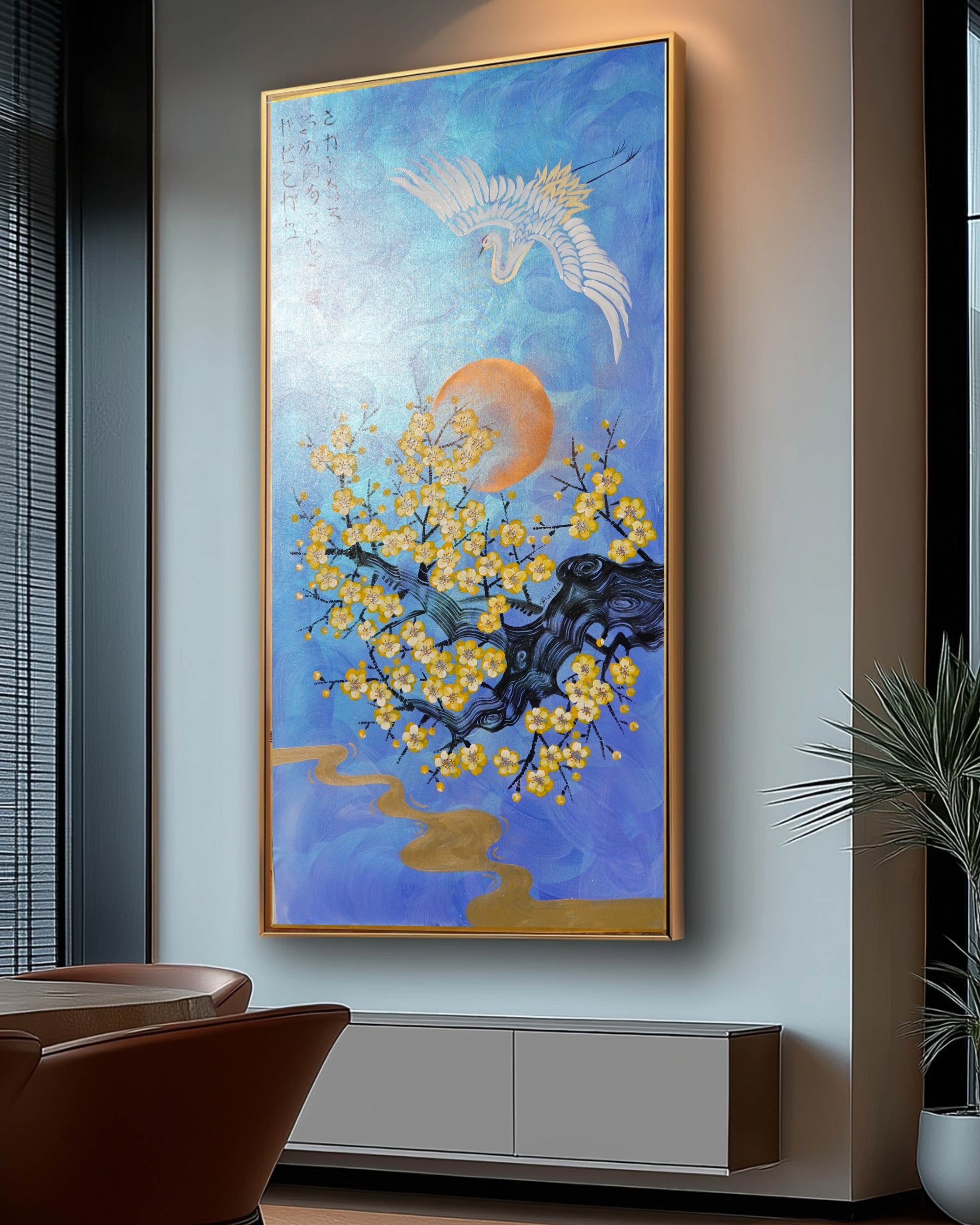 Crane and Sakura J477 is a large-scale Japanese-inspired blue pearlescent vertical Original Acrylic Painting on unstretched canvas by artist Ksavera