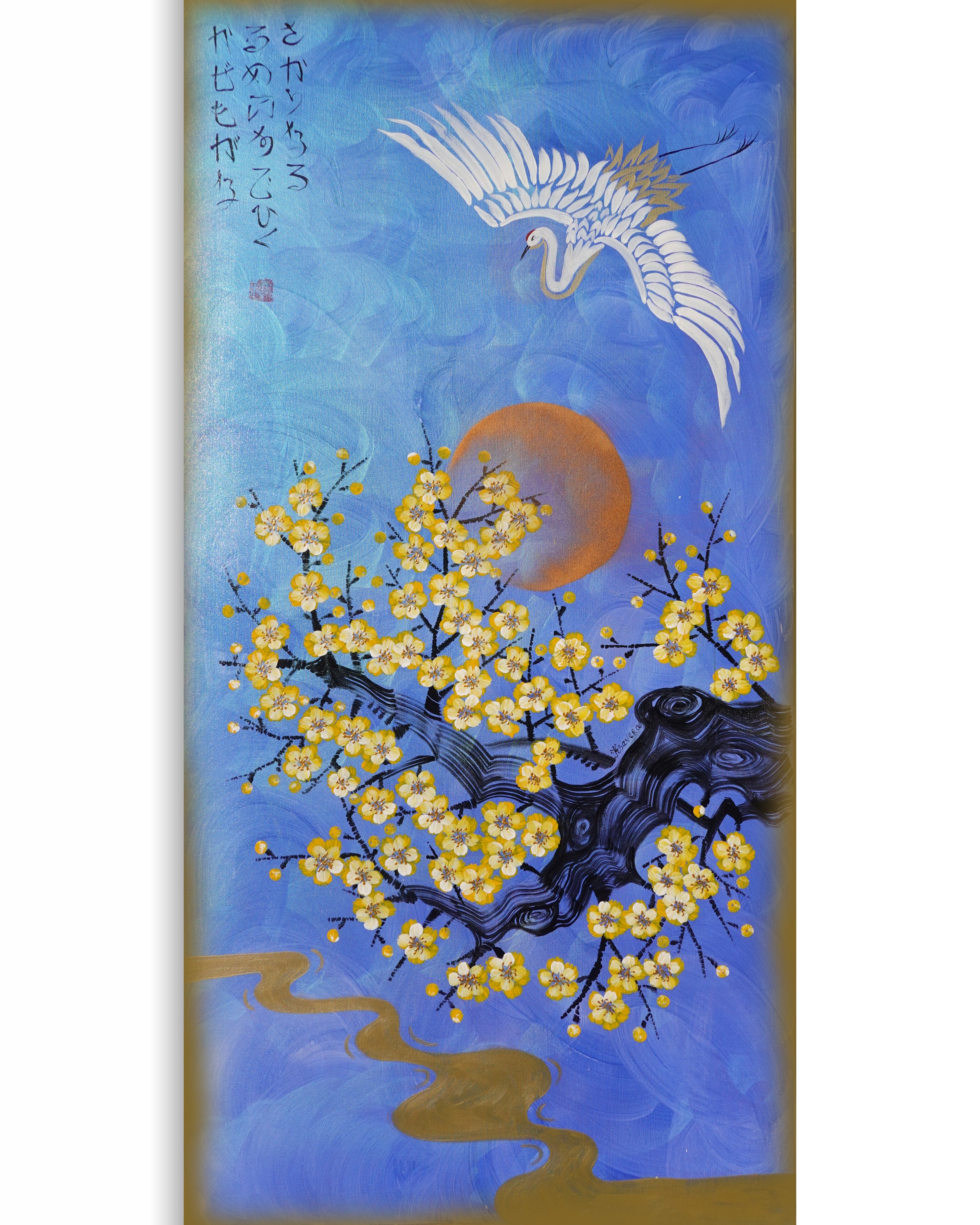 Crane and Sakura J477 is a large-scale Japanese-inspired blue pearlescent vertical Original Acrylic Painting on unstretched canvas by artist Ksavera
