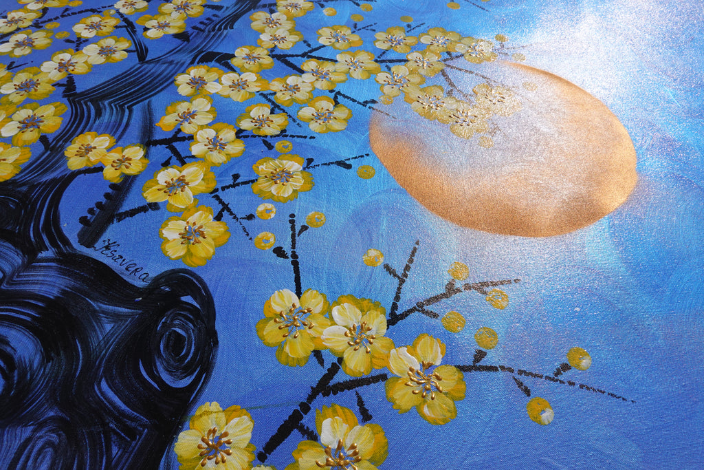 Crane and Sakura J477 is a large-scale Japanese-inspired blue pearlescent vertical Original Acrylic Painting on unstretched canvas by artist Ksavera
