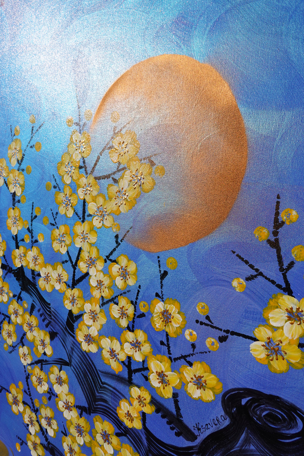 Crane and Sakura J477 is a large-scale Japanese-inspired blue pearlescent vertical Original Acrylic Painting on unstretched canvas by artist Ksavera