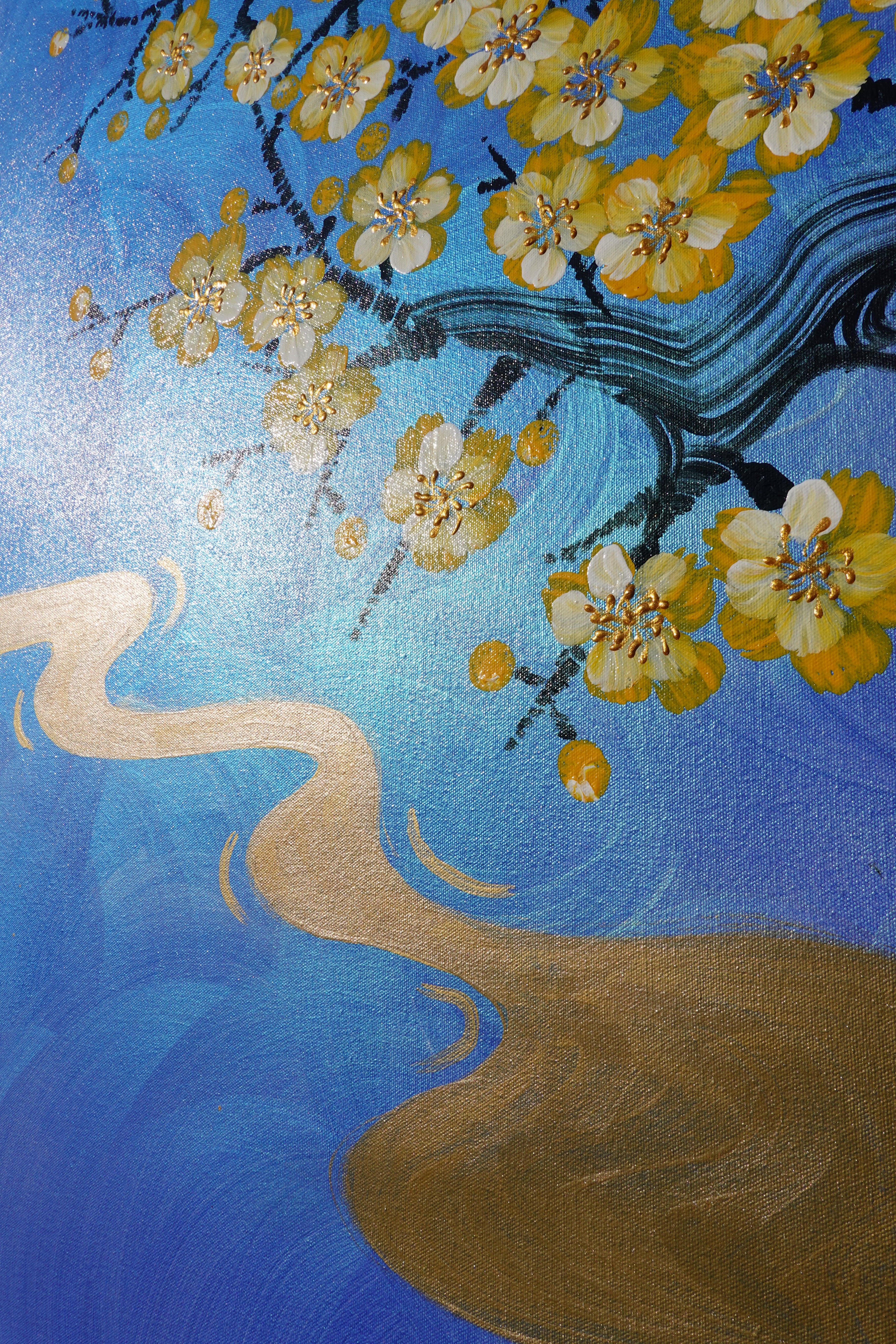 Crane and Sakura J477 is a large-scale Japanese-inspired blue pearlescent vertical Original Acrylic Painting on unstretched canvas by artist Ksavera