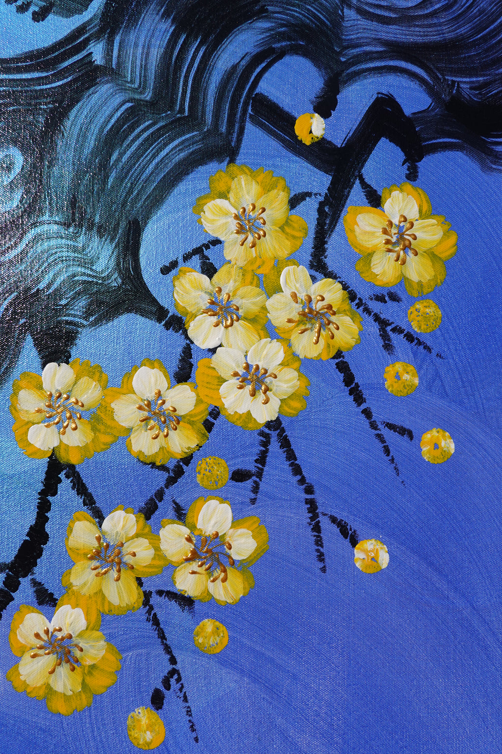 Crane and Sakura J477 is a large-scale Japanese-inspired blue pearlescent vertical Original Acrylic Painting on unstretched canvas by artist Ksavera