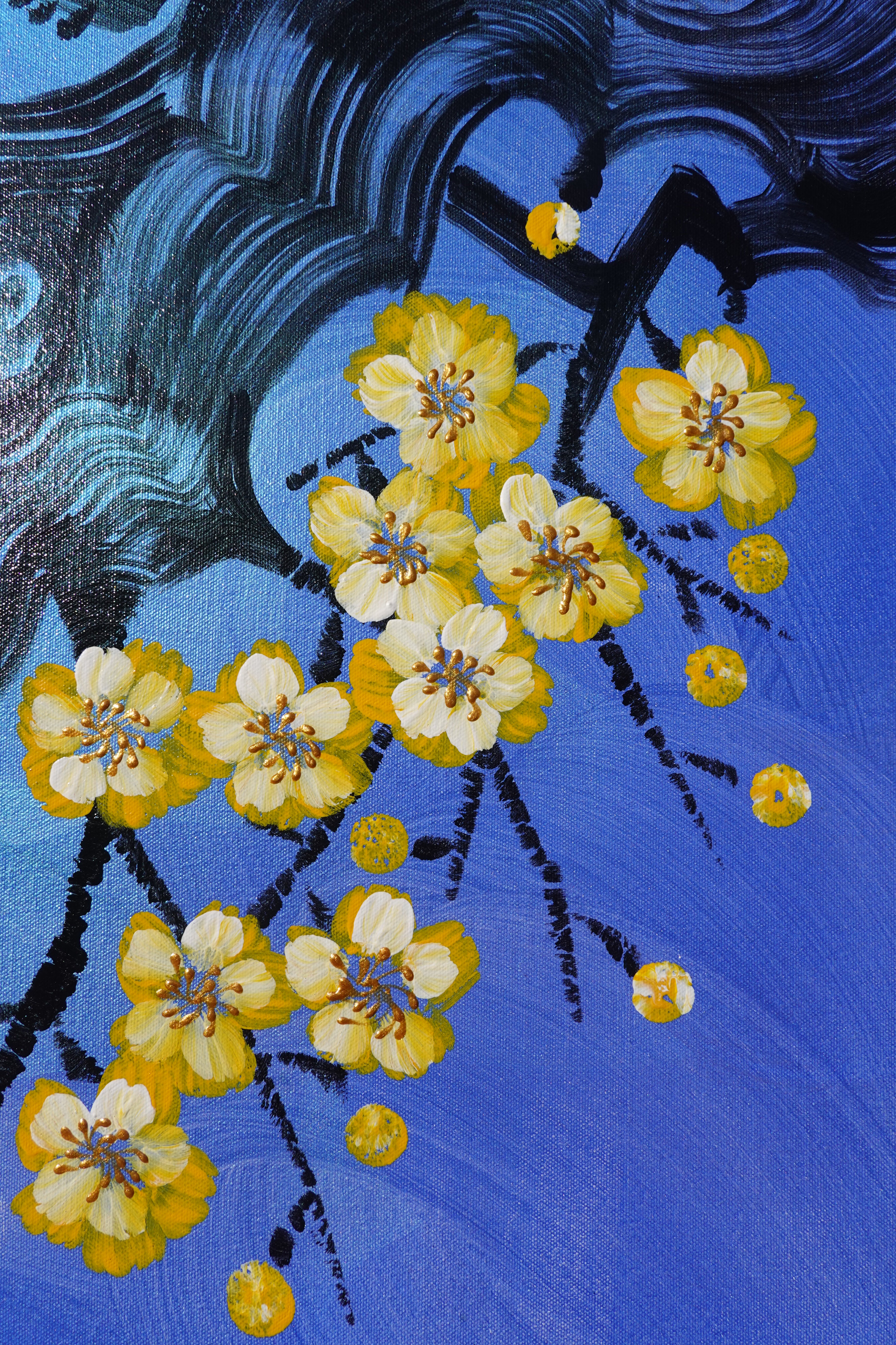 Crane and Sakura J477 is a large-scale Japanese-inspired blue pearlescent vertical Original Acrylic Painting on unstretched canvas by artist Ksavera