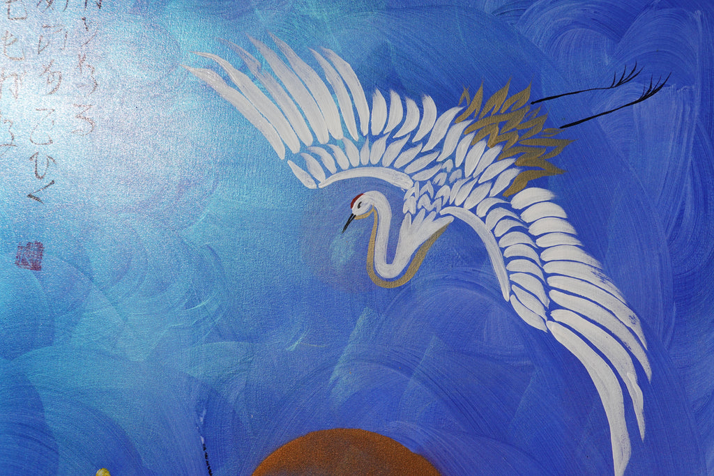 Crane and Sakura J477 is a large-scale Japanese-inspired blue pearlescent vertical Original Acrylic Painting on unstretched canvas by artist Ksavera