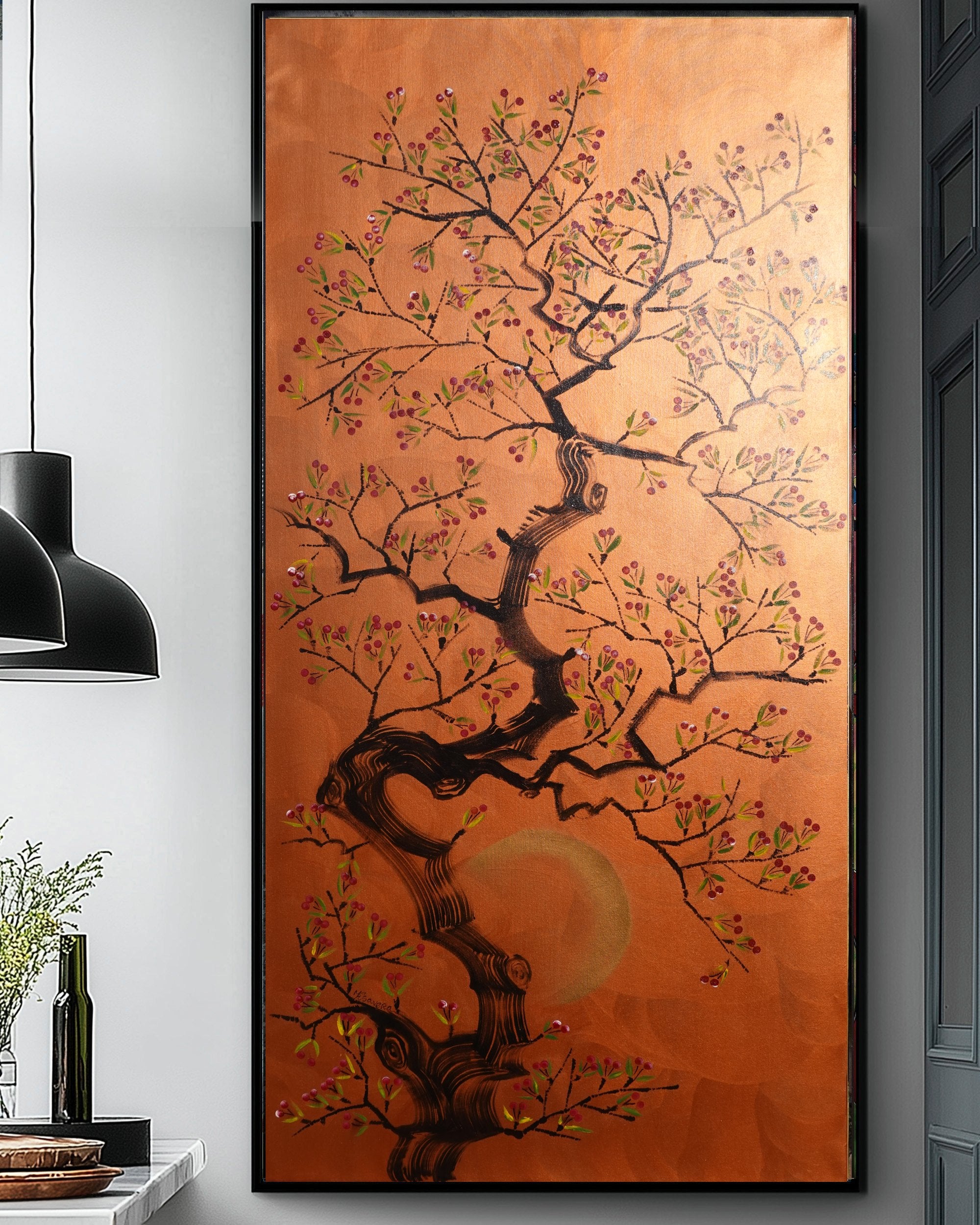 Japanese cherry J479 is a large-scale Japanese-inspired copper Original Acrylic Painting on unstretched canvas by artist Ksavera
