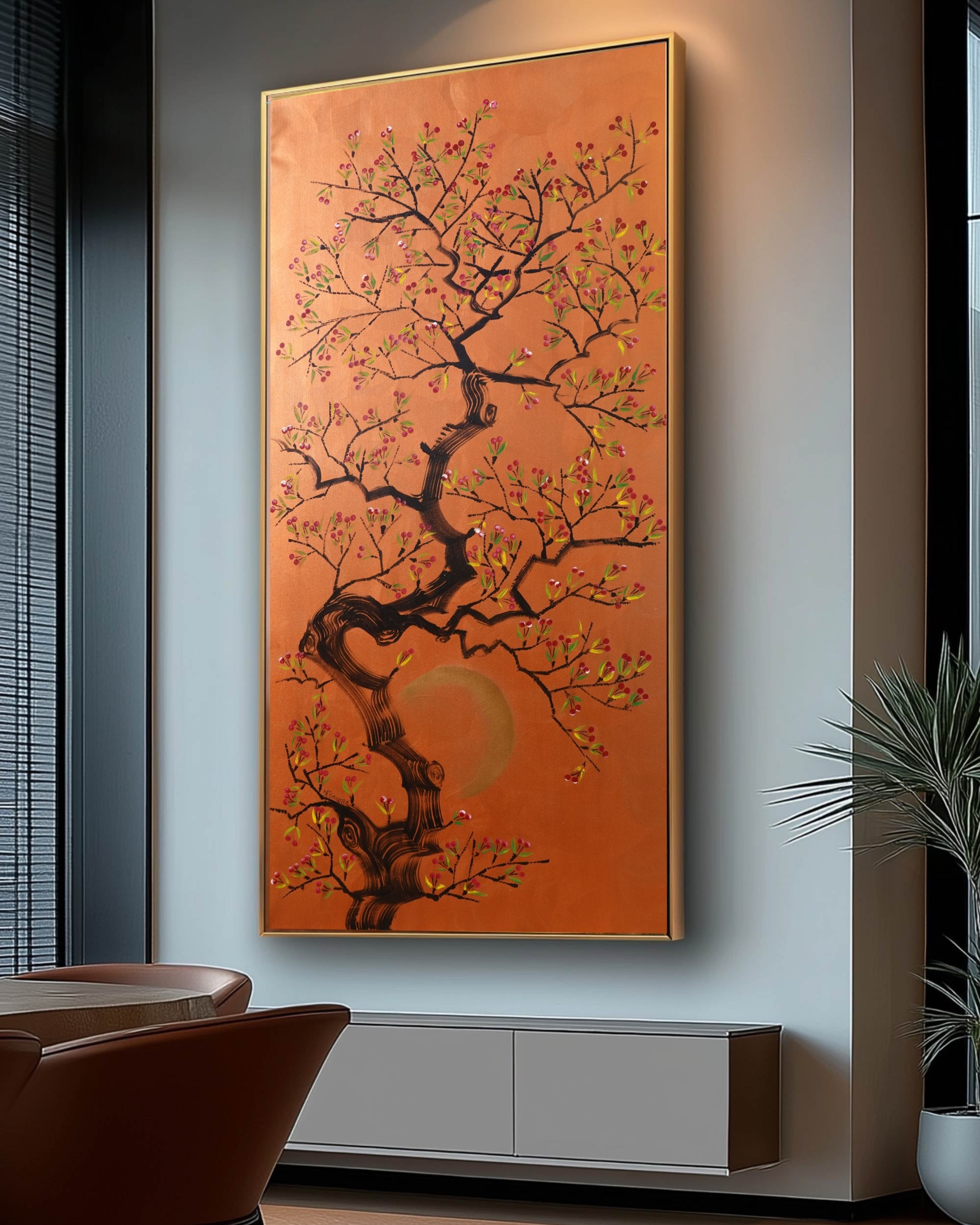 Japanese cherry J479 is a large-scale Japanese-inspired copper Original Acrylic Painting on unstretched canvas by artist Ksavera