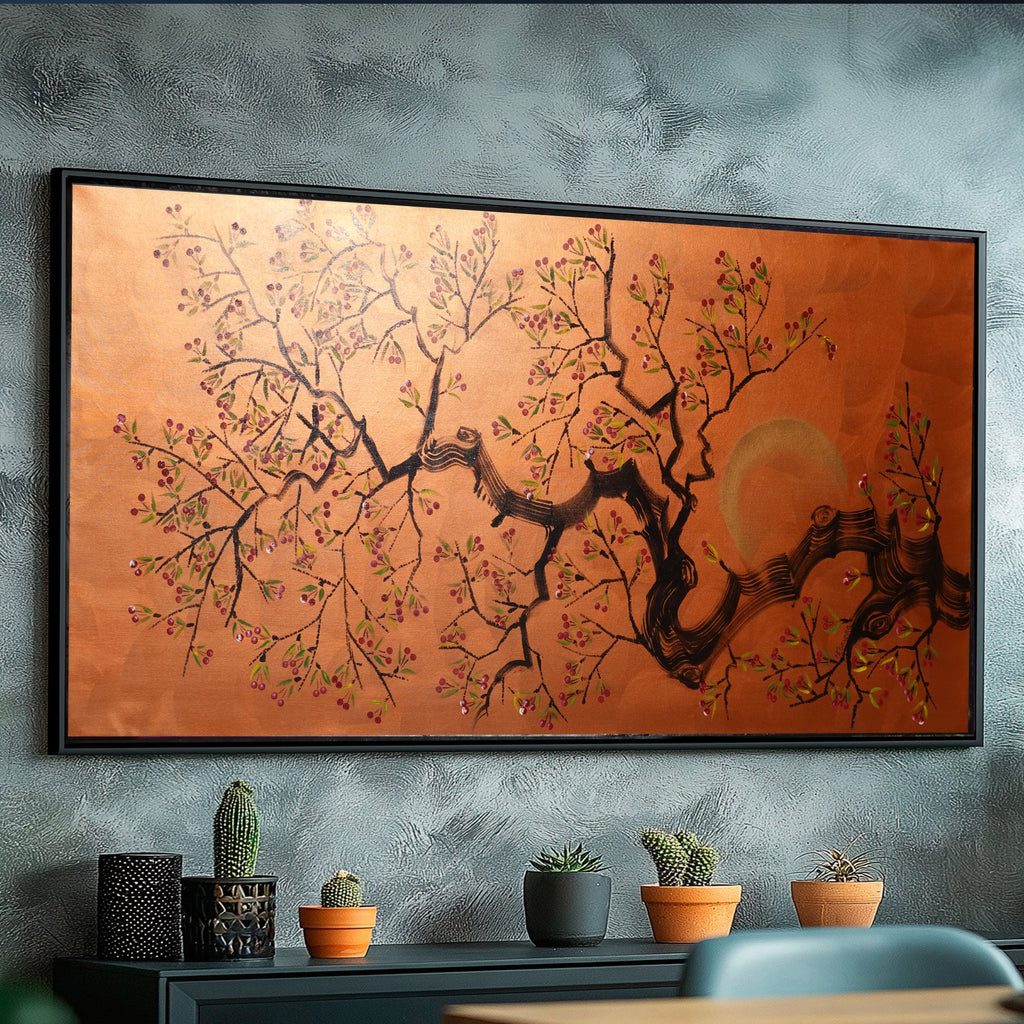 Japanese cherry J479 is a large-scale Japanese-inspired copper Original Acrylic Painting on unstretched canvas by artist Ksavera