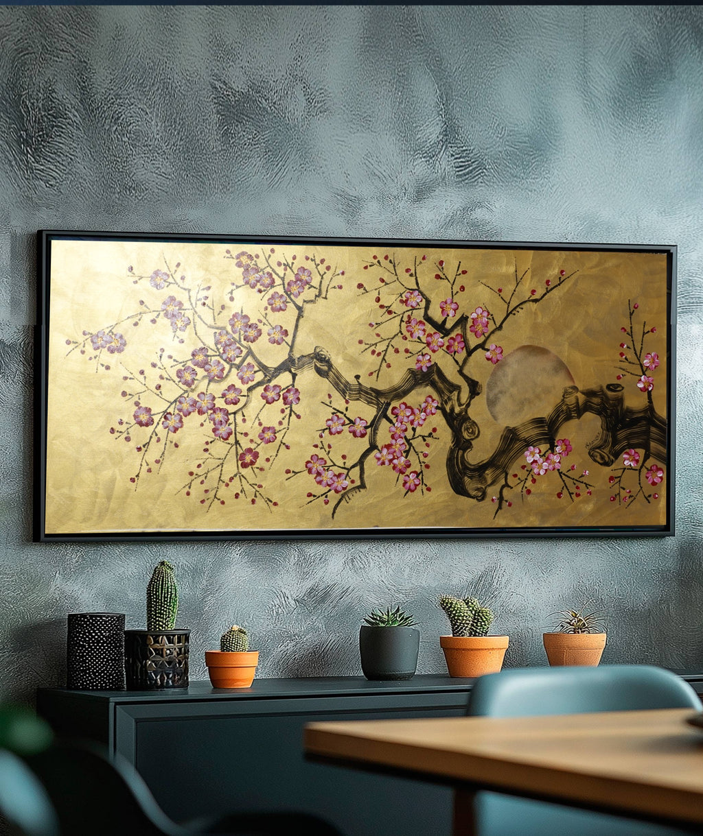Kirschblüten J483 — Gold Japanische Malerei | Großes Acrylbild auf Leinwand | Ksavera