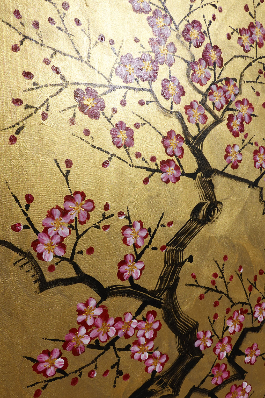 Kirschblüten J483 — Gold Japanische Malerei | Großes Acrylbild auf Leinwand | Ksavera