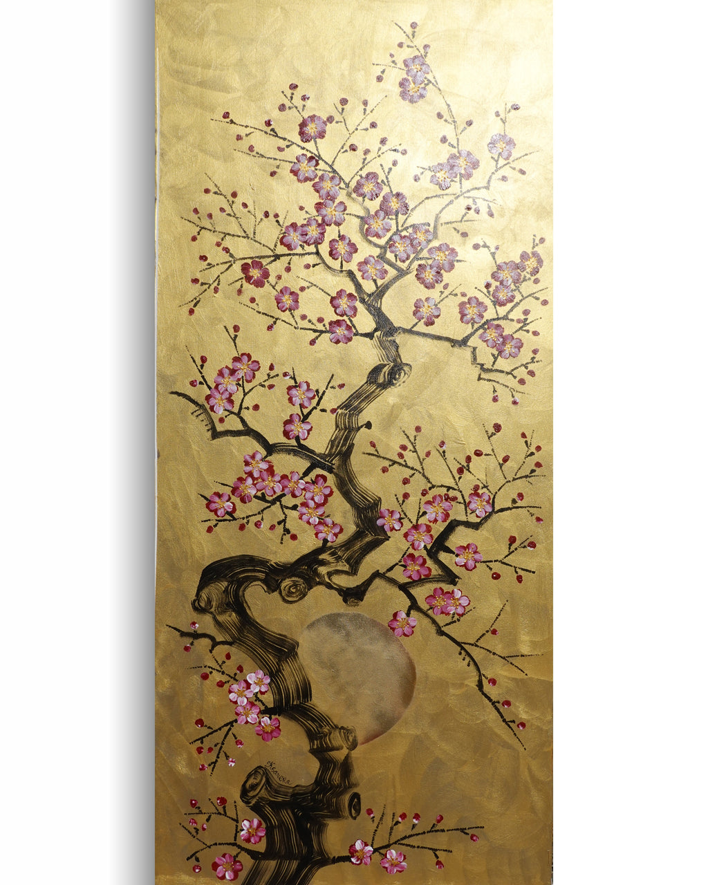 Kirschblüten J483 — Gold Japanische Malerei | Großes Acrylbild auf Leinwand | Ksavera